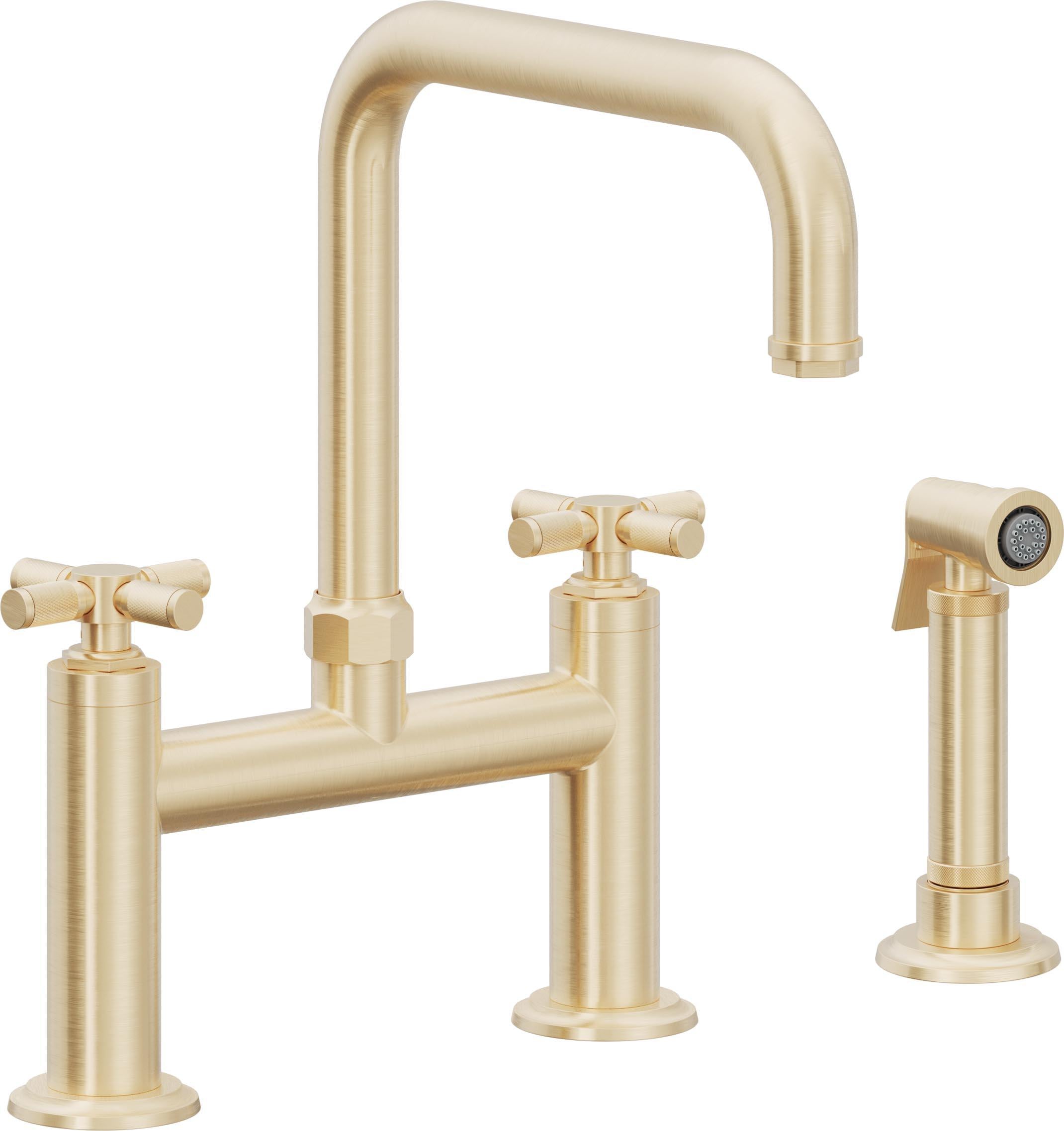California Faucets Descanso Llave de Cocina Tipo Puente Industrial con Rociador Lateral - Pico Cuadrado - Latón Satinado