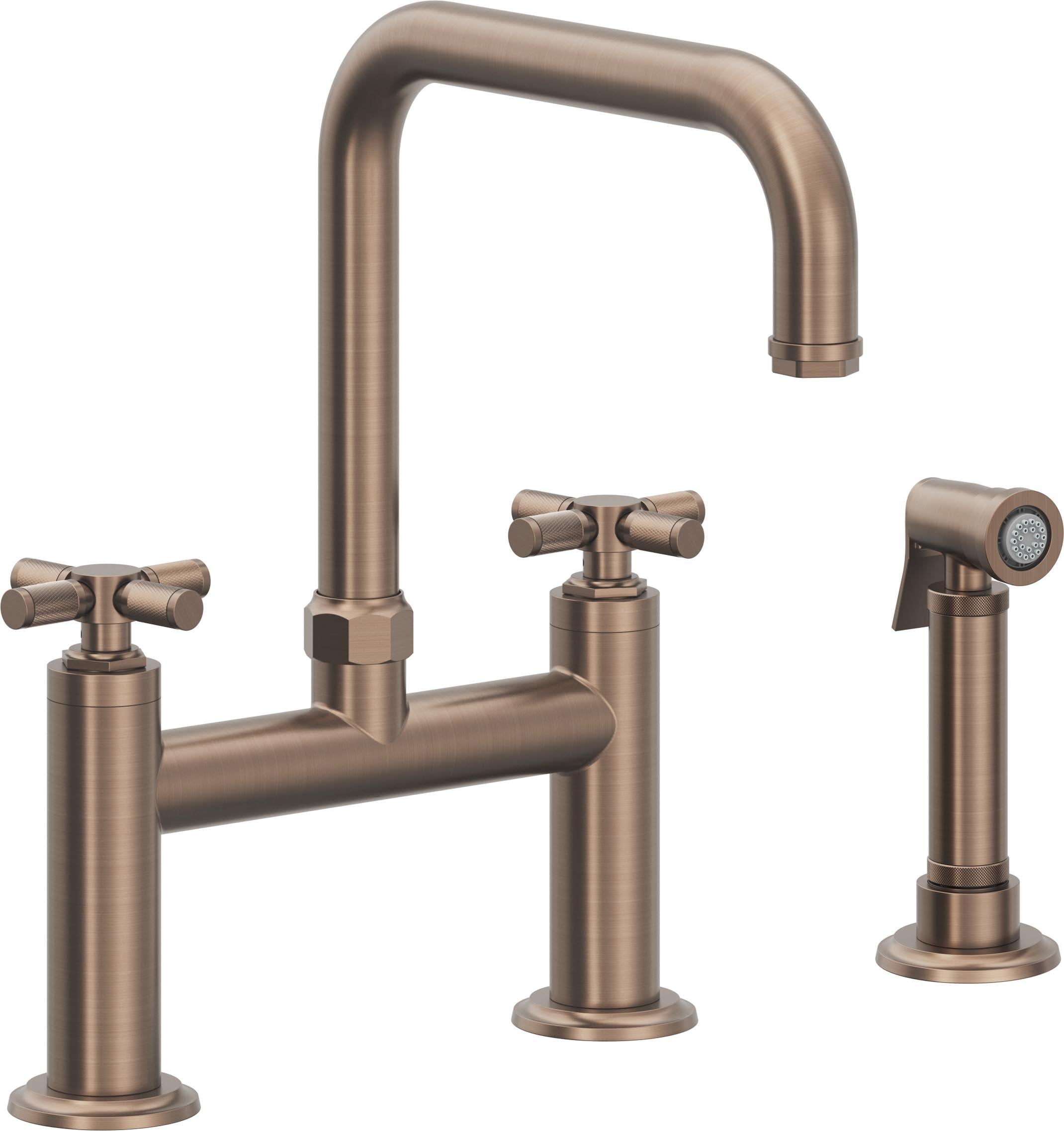 California Faucets Descanso Llave de Cocina Tipo Puente Industrial con Rociador Lateral - Pico Cuadrado - Bronce Satinado