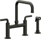 California Faucets Descanso Llave de Cocina Tipo Puente Industrial con Rociador Lateral - Pico Cuadrado - Bronce Bella Terra