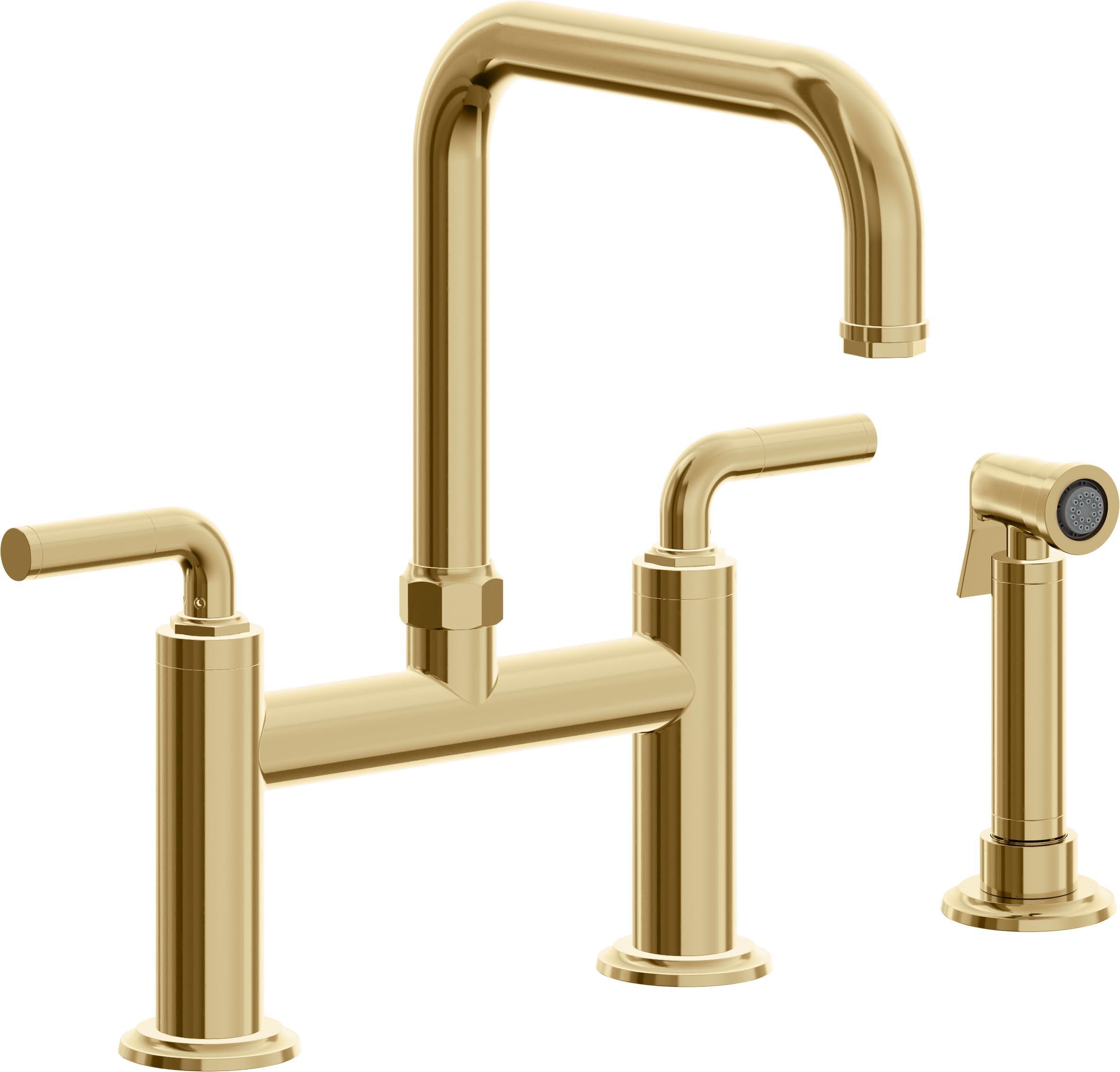 California Faucets Descanso Llave de Cocina Tipo Puente Industrial con Rociador Lateral - Pico Cuadrado - Oro Francés