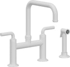 California Faucets Descanso Llave de Cocina Tipo Puente Industrial con Rociador Lateral - Pico Cuadrado - Blanco Mate