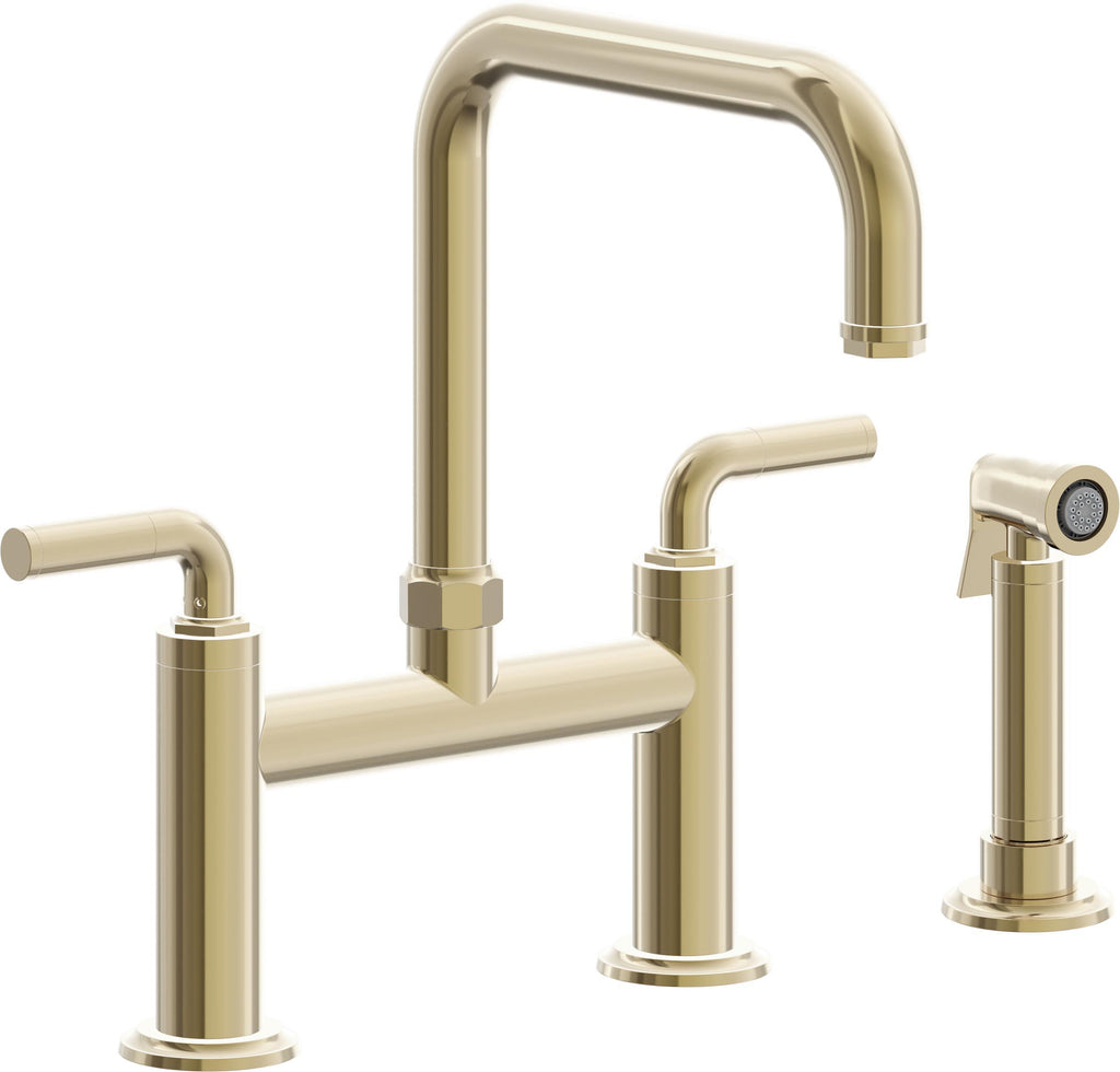 California Faucets Descanso Llave de Cocina Tipo Puente Industrial con Rociador Lateral - Pico Cuadrado - Latón Pulido