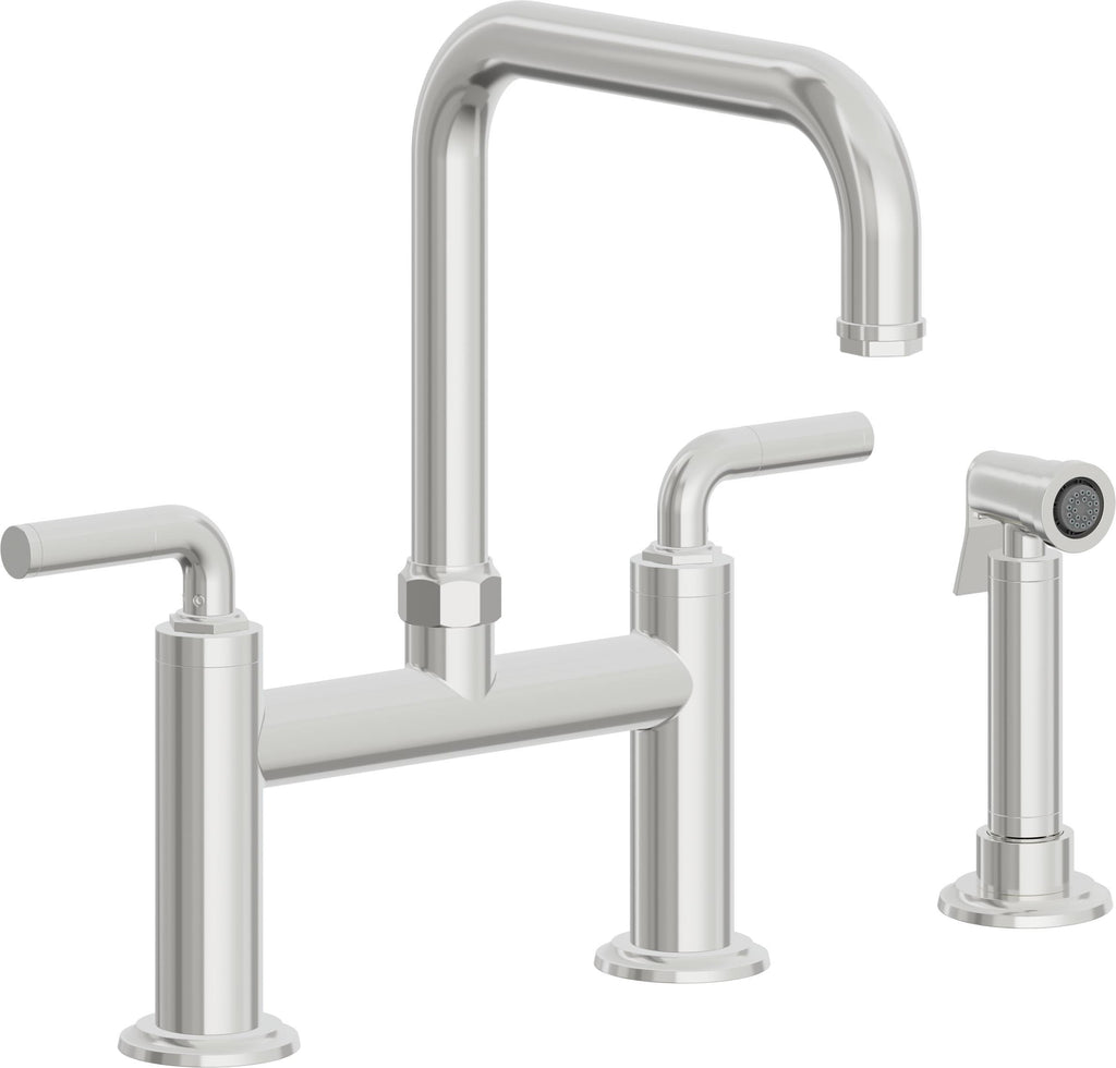 California Faucets Descanso Llave de Cocina Tipo Puente Industrial con Rociador Lateral - Pico Cuadrado - Cromo Pulido