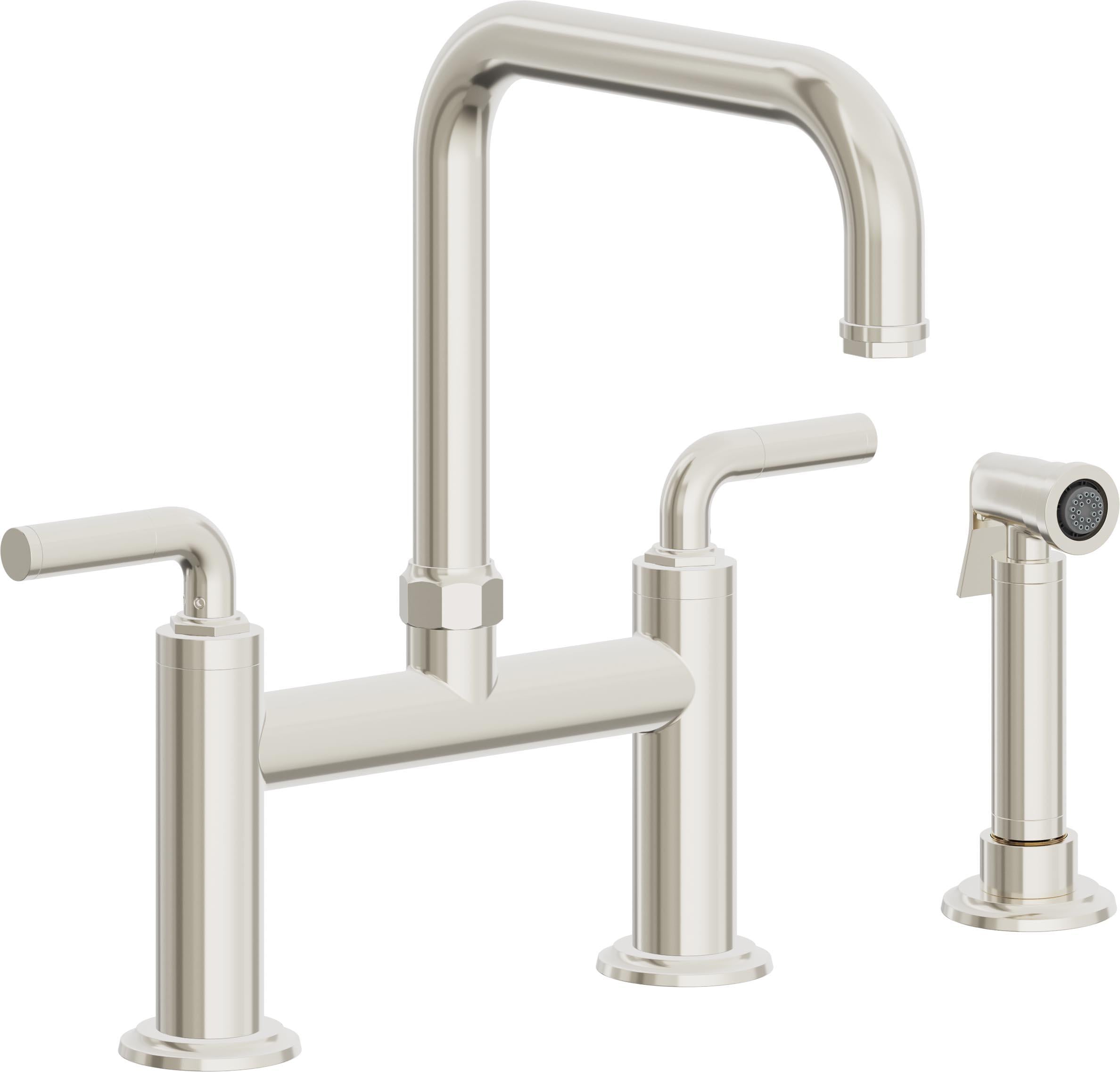 California Faucets Descanso Llave de Cocina Tipo Puente Industrial con Rociador Lateral - Pico Cuadrado - Níquel Pulido