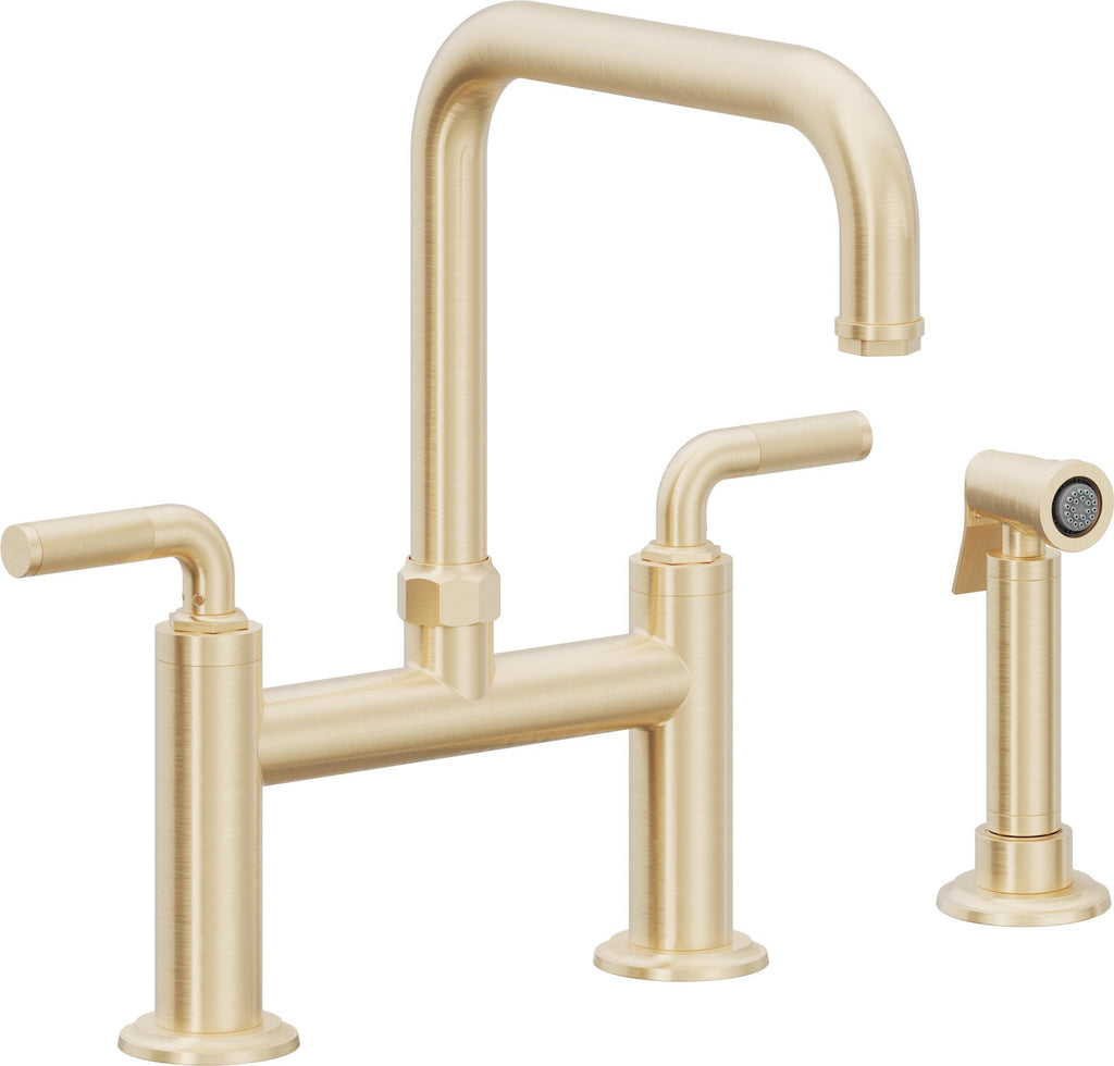California Faucets Descanso Llave de Cocina Tipo Puente Industrial con Rociador Lateral - Pico Cuadrado - Latón Satinado