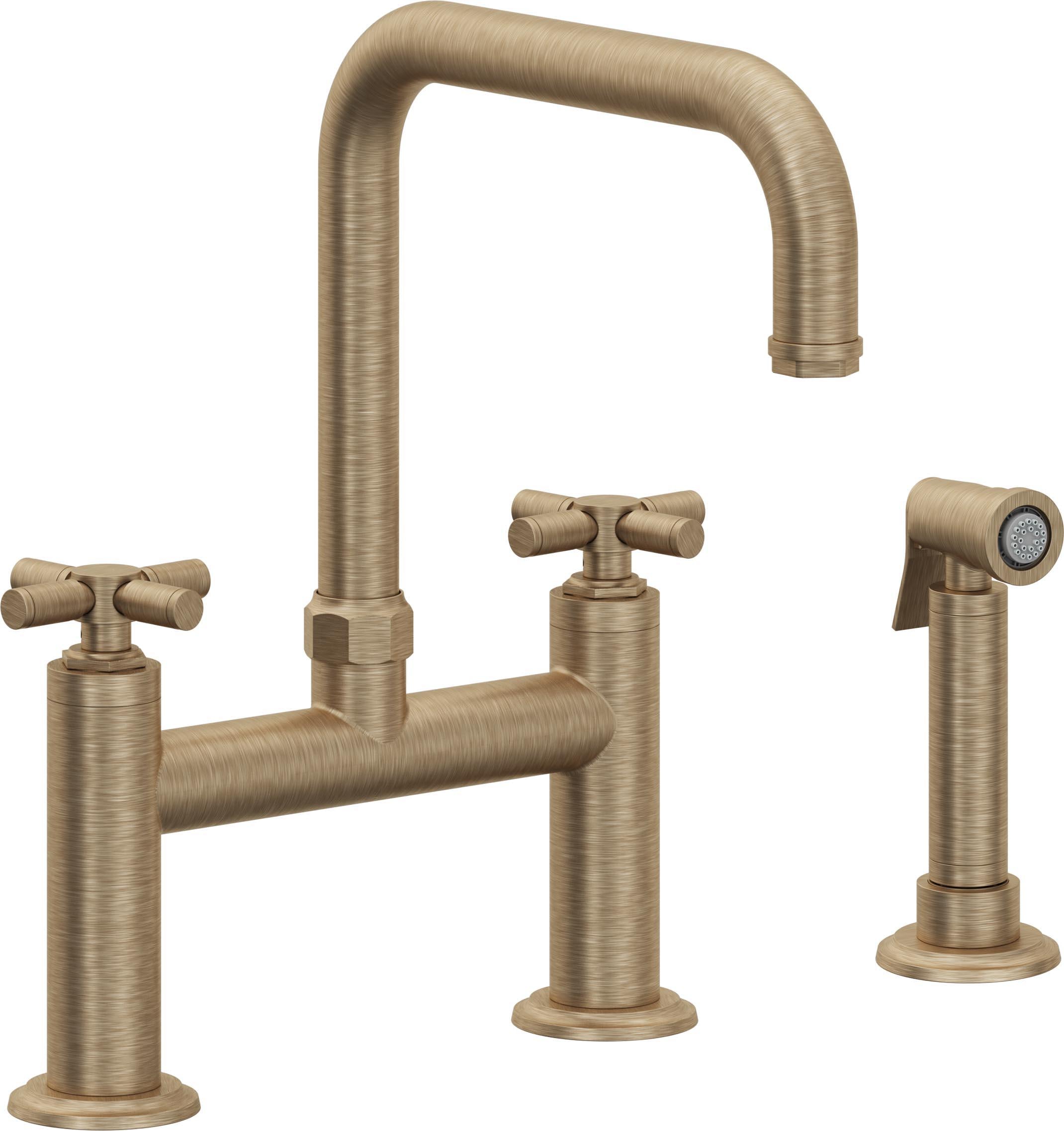 California Faucets Descanso Llave de Cocina Tipo Puente Industrial con Rociador Lateral - Pico Cuadrado - Latón Antiguo Mate