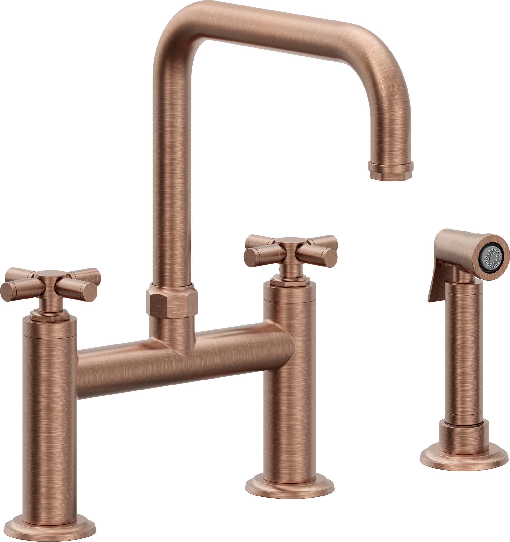 California Faucets Descanso Llave de Cocina Tipo Puente Industrial con Rociador Lateral - Pico Cuadrado - Cobre Antiguo Mate