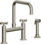 California Faucets Descanso Llave de Cocina Tipo Puente Industrial con Rociador Lateral - Pico Cuadrado - Níquel Bruñido