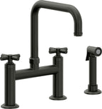 California Faucets Descanso Llave de Cocina Tipo Puente Industrial con Rociador Lateral - Pico Cuadrado - Bronce Bella Terra