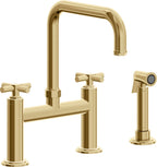 California Faucets Descanso Llave de Cocina Tipo Puente Industrial con Rociador Lateral - Pico Cuadrado - Oro Francés