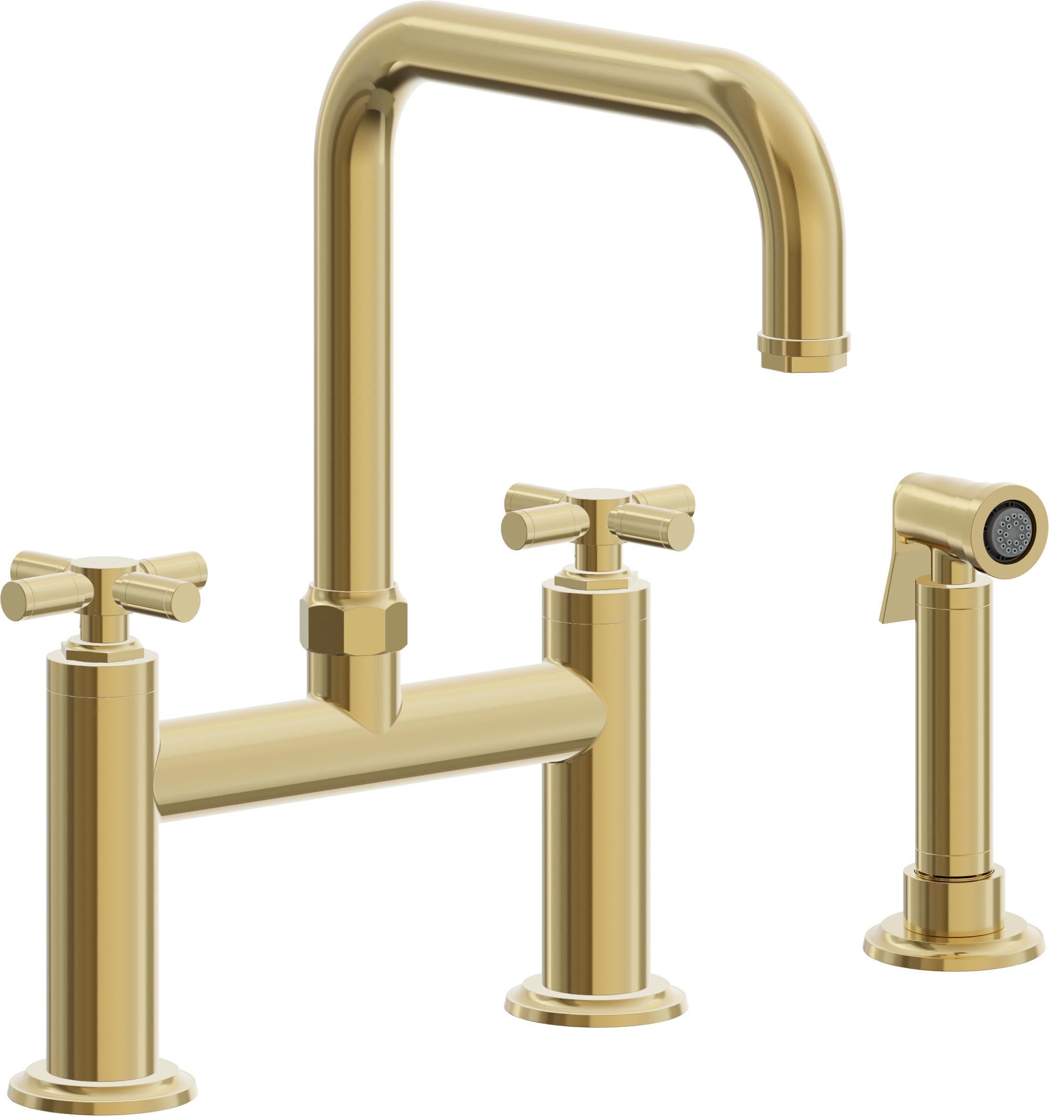 California Faucets Descanso Llave de Cocina Tipo Puente Industrial con Rociador Lateral - Pico Cuadrado - Oro Pulido de por Vida