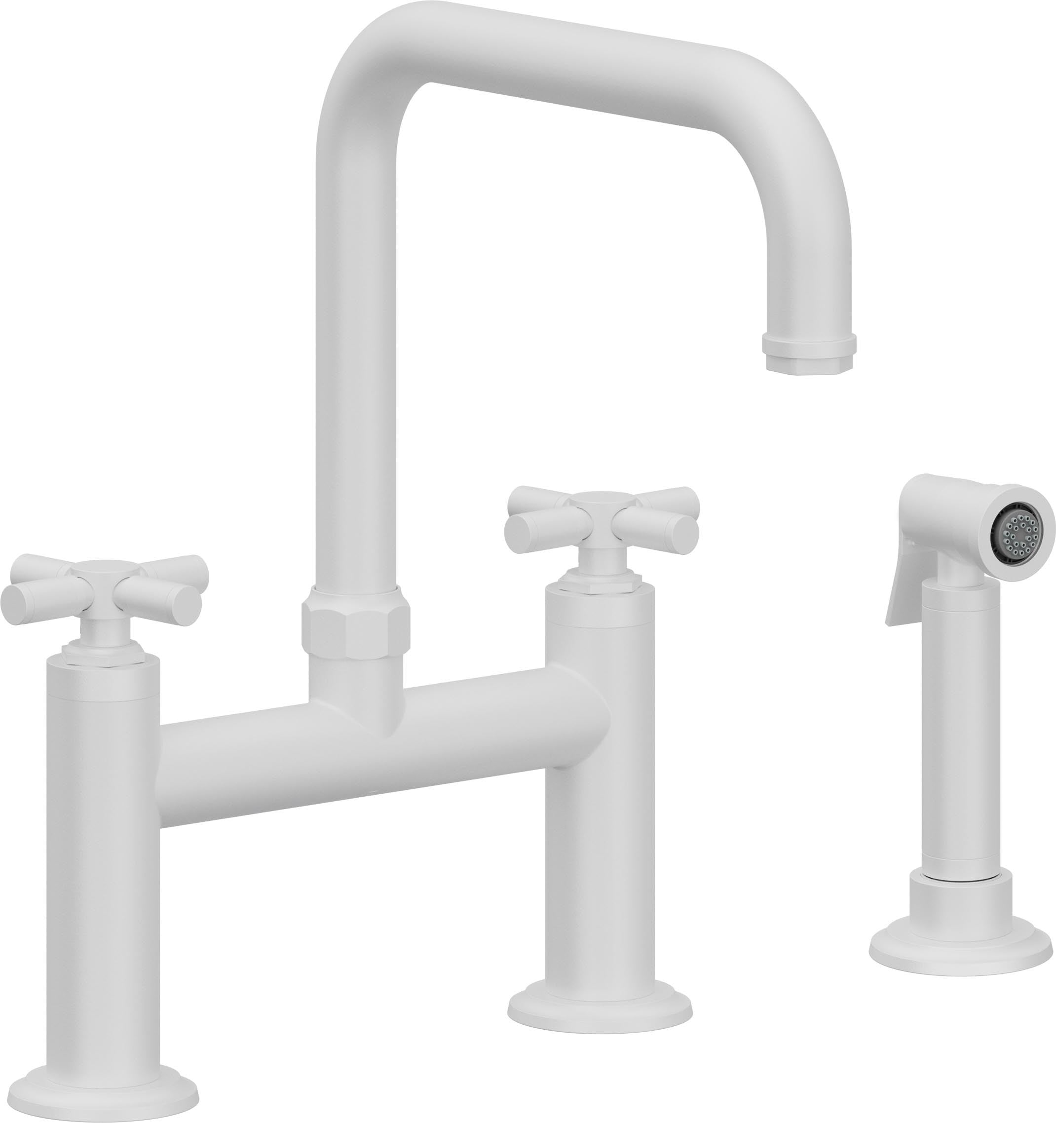 California Faucets Descanso Llave de Cocina Tipo Puente Industrial con Rociador Lateral - Pico Cuadrado - Blanco Mate