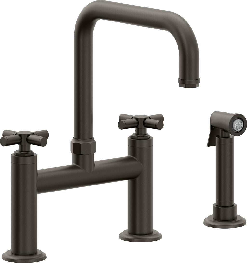 California Faucets Descanso Llave de Cocina Tipo Puente Industrial con Rociador Lateral - Pico Cuadrado - Bronce Oscuro