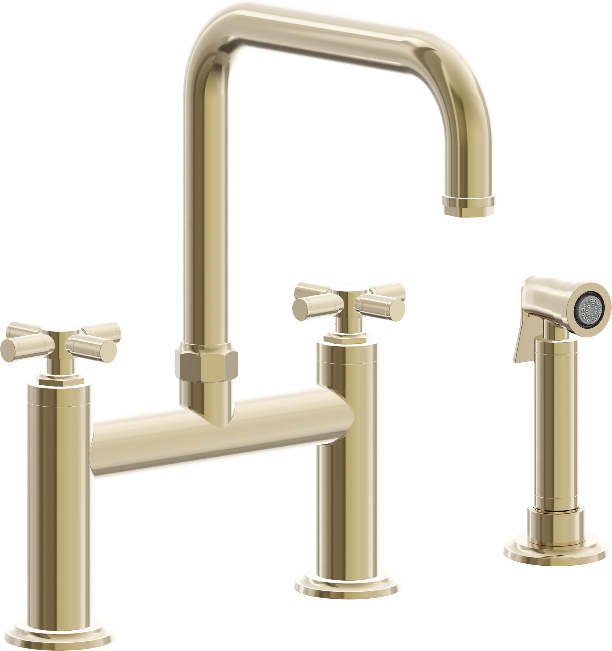 California Faucets Descanso Llave de Cocina Tipo Puente Industrial con Rociador Lateral - Pico Cuadrado - Latón Pulido