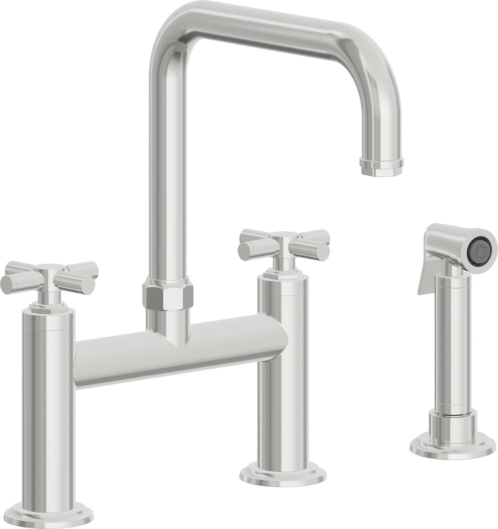 California Faucets Descanso Llave de Cocina Tipo Puente Industrial con Rociador Lateral - Pico Cuadrado - Cromo Pulido