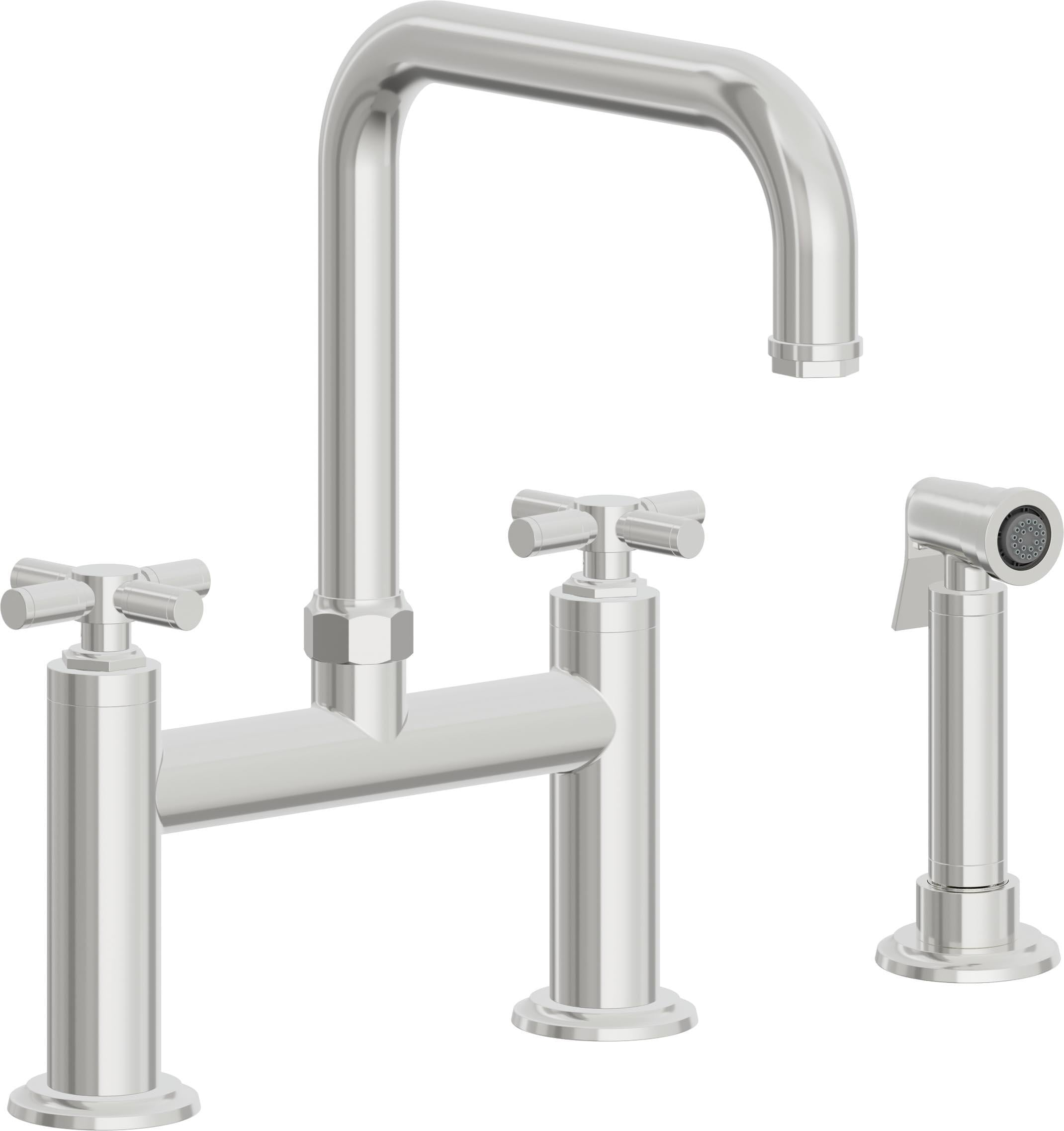 California Faucets Descanso Llave de Cocina Tipo Puente Industrial con Rociador Lateral - Pico Cuadrado - Cromo Pulido