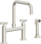 California Faucets Descanso Llave de Cocina Tipo Puente Industrial con Rociador Lateral - Pico Cuadrado - Níquel Pulido