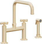California Faucets Descanso Llave de Cocina Tipo Puente Industrial con Rociador Lateral - Pico Cuadrado - Latón Satinado