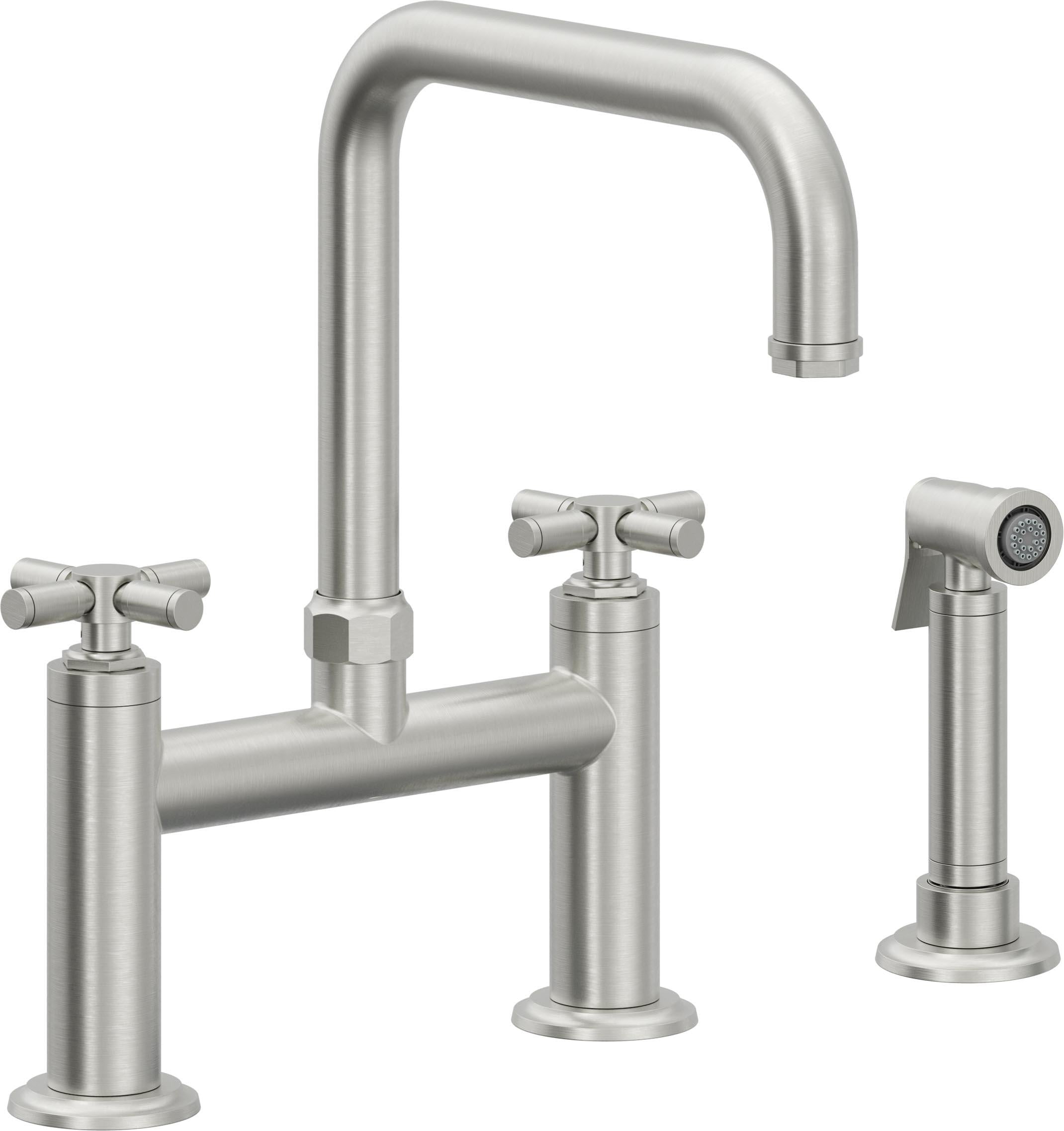 California Faucets Descanso Llave de Cocina Tipo Puente Industrial con Rociador Lateral - Pico Cuadrado - Cromo Satinado