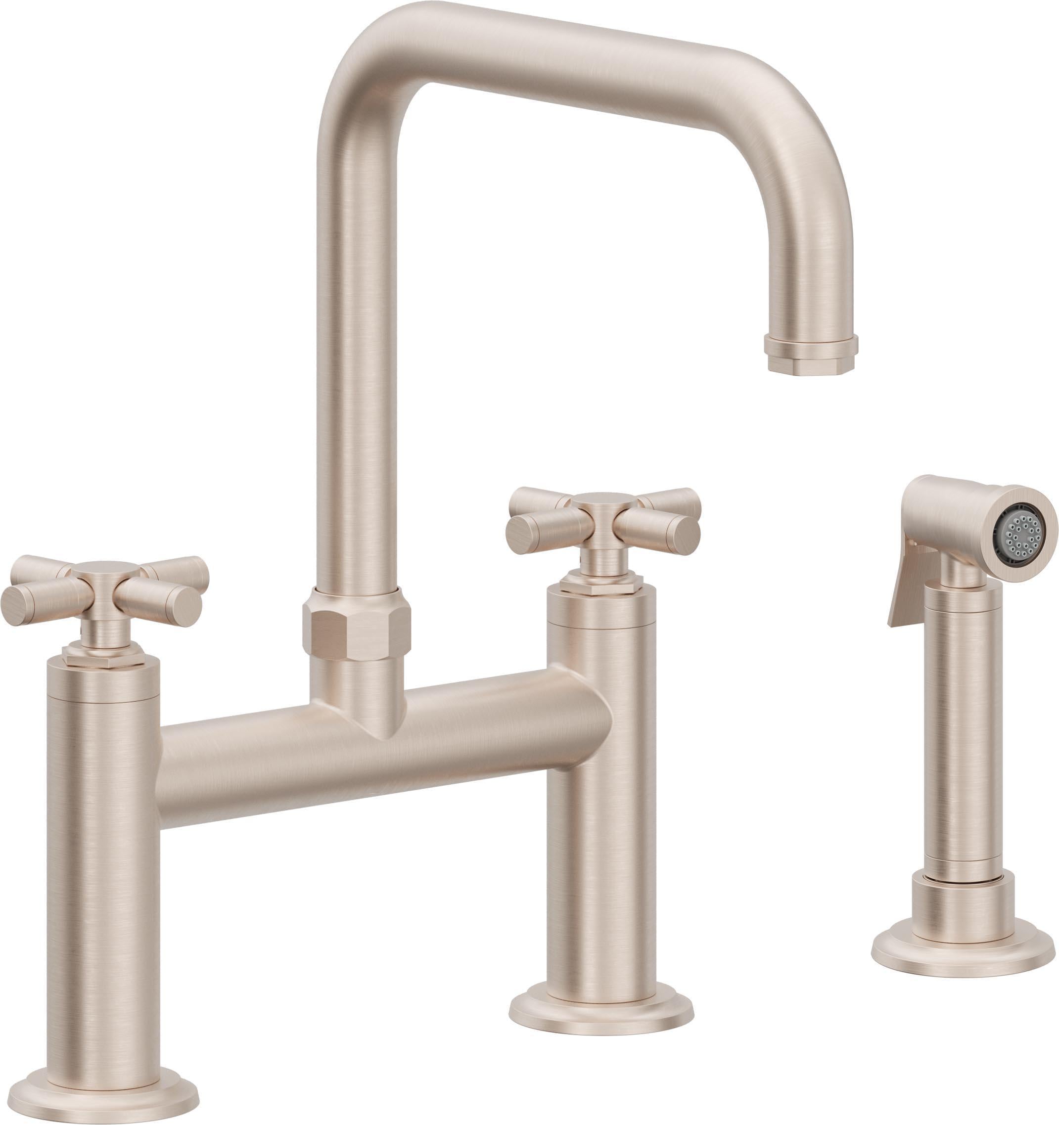 California Faucets Descanso Llave de Cocina Tipo Puente Industrial con Rociador Lateral - Pico Cuadrado - Níquel Satinado