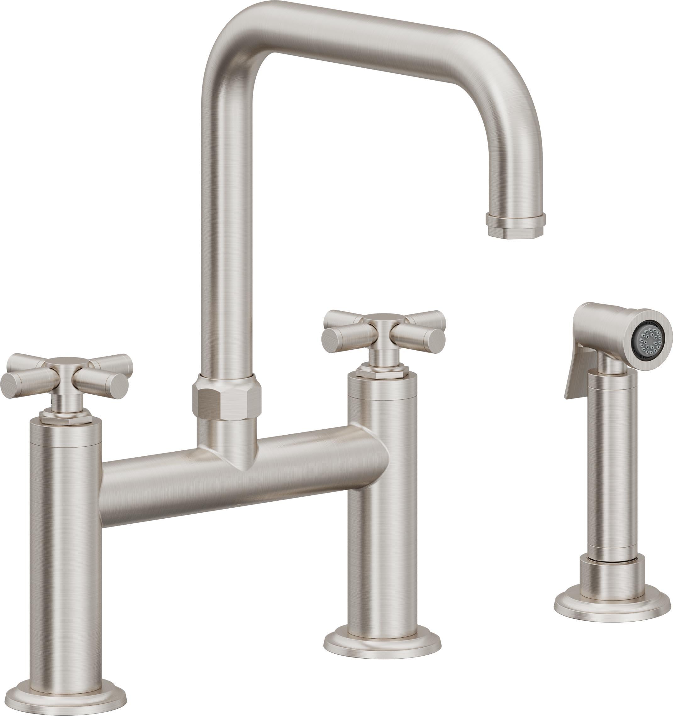 California Faucets Descanso Llave de Cocina Tipo Puente Industrial con Rociador Lateral - Pico Cuadrado - Acero Inoxidable Ultra