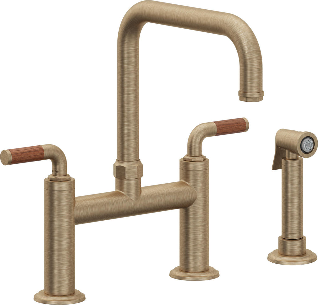 California Faucets Descanso Llave de Cocina Tipo Puente Industrial con Rociador Lateral - Pico Cuadrado - Latón Antiguo Mate