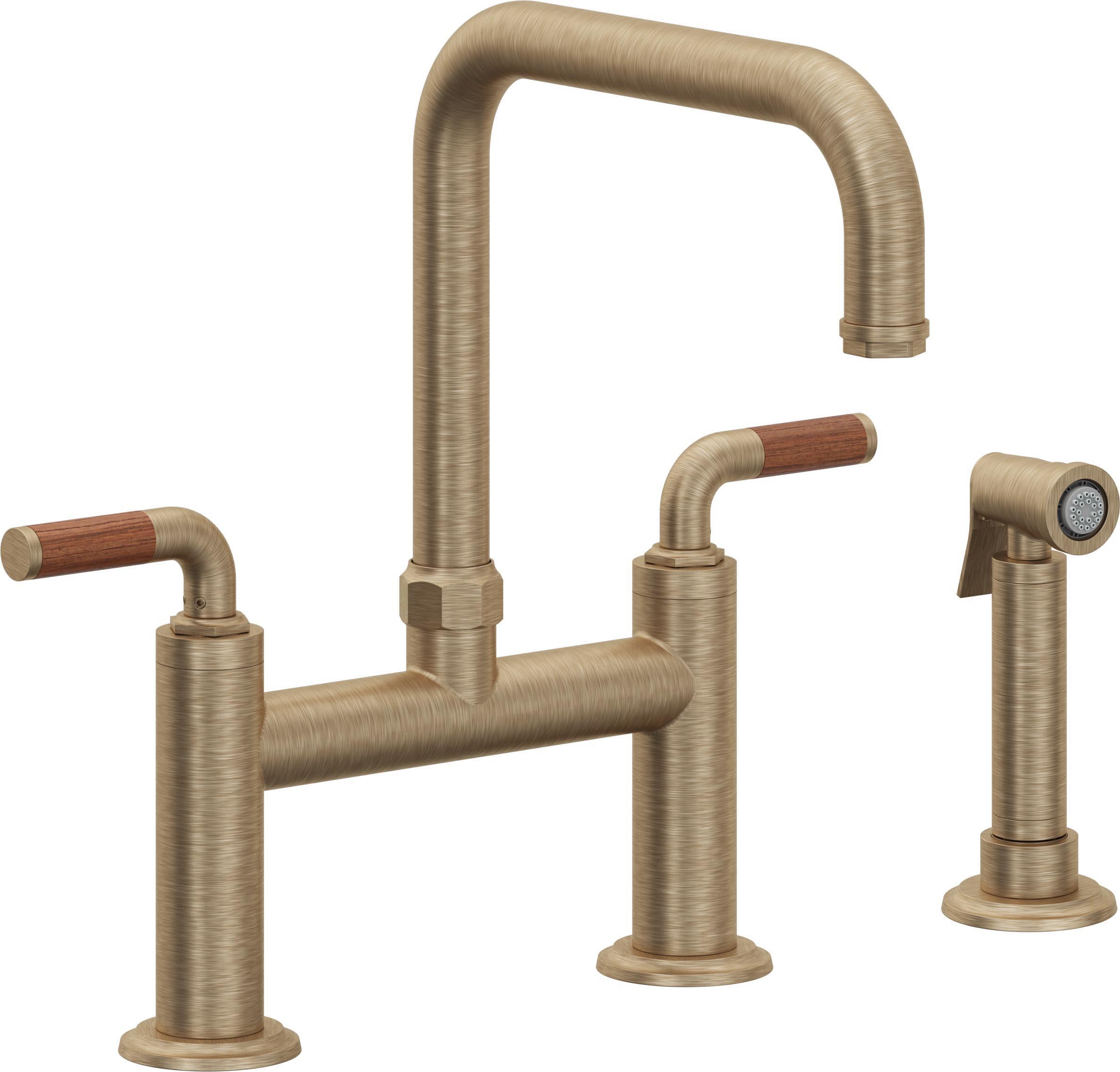 California Faucets Descanso Llave de Cocina Tipo Puente Industrial con Rociador Lateral - Pico Cuadrado - Latón Antiguo Mate