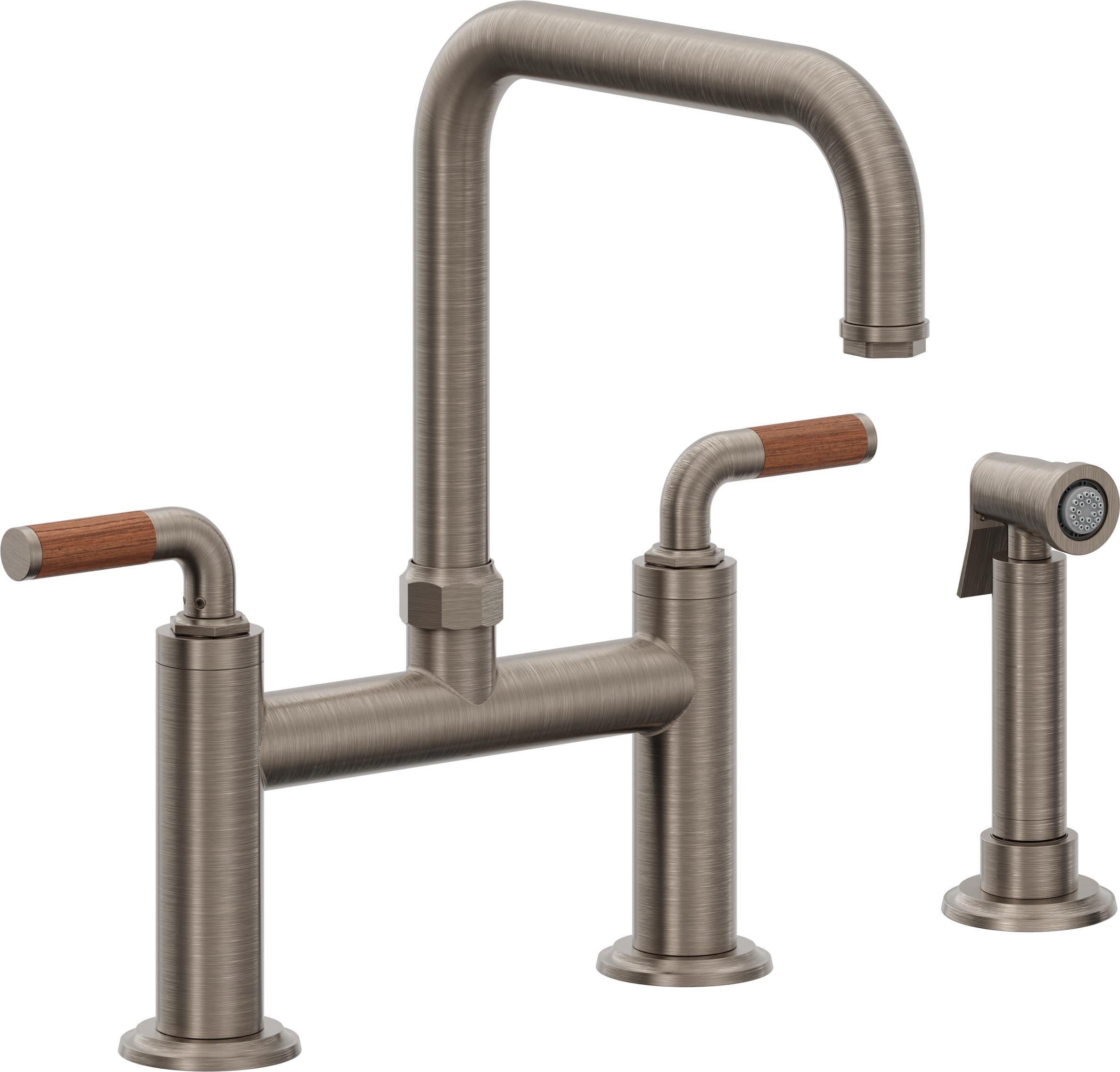 California Faucets Descanso Llave de Cocina Tipo Puente Industrial con Rociador Lateral - Pico Cuadrado - Níquel Antiguo Mate