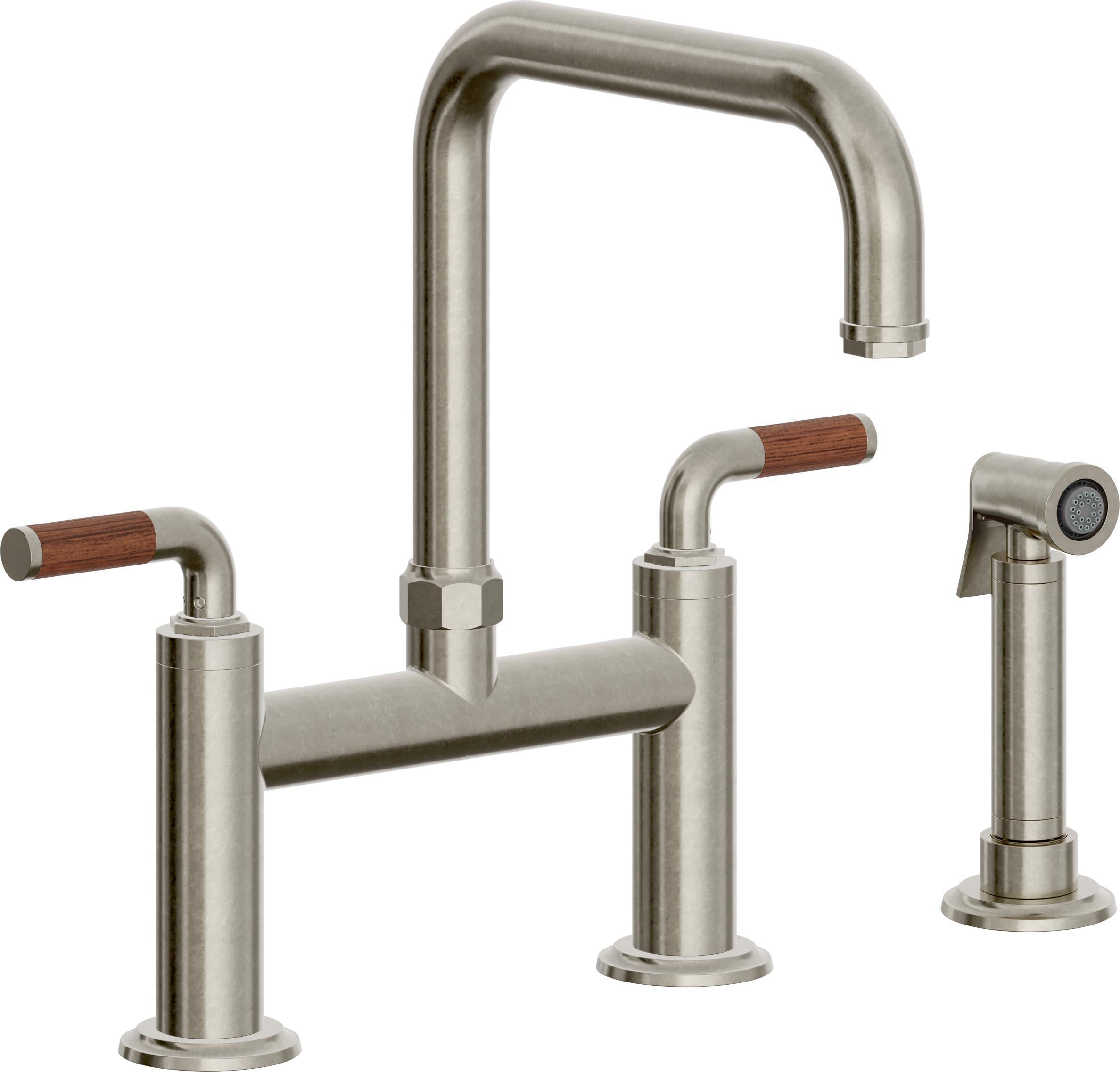 California Faucets Descanso Llave de Cocina Tipo Puente Industrial con Rociador Lateral - Pico Cuadrado - Níquel Bruñido