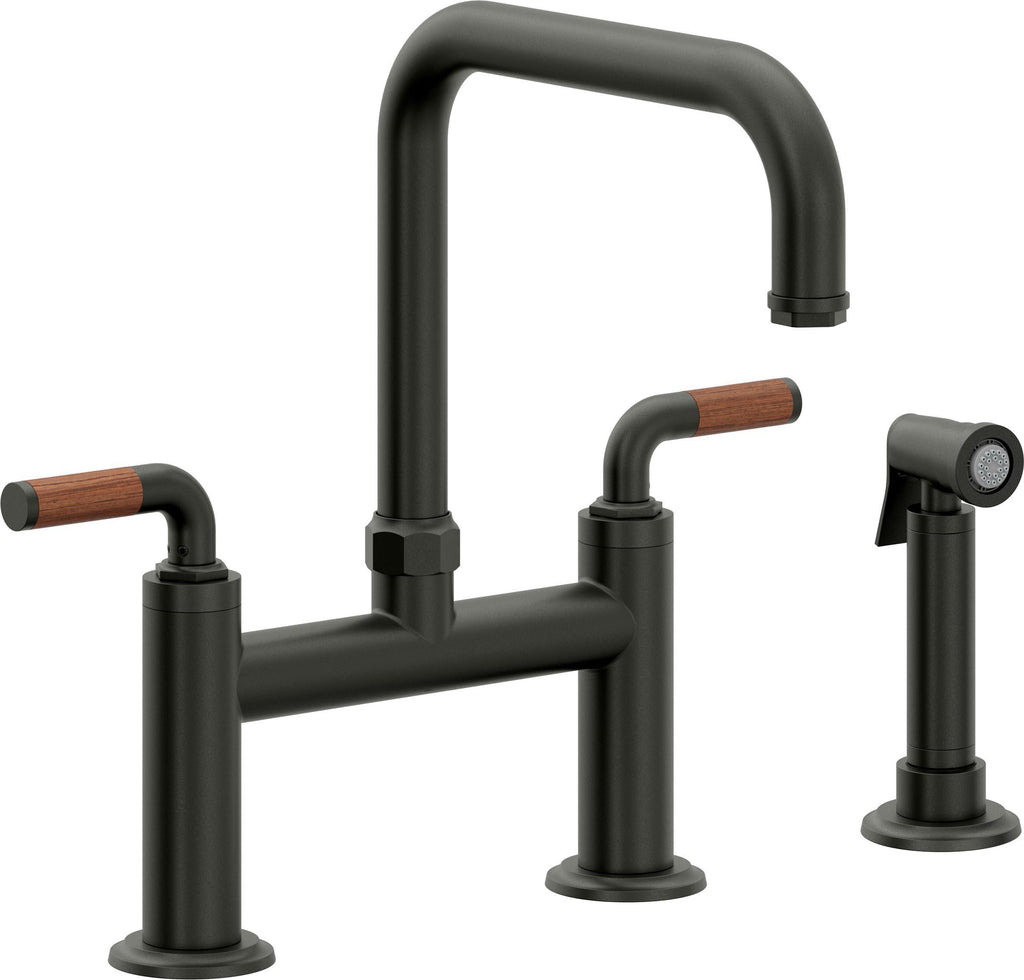 California Faucets Descanso Llave de Cocina Tipo Puente Industrial con Rociador Lateral - Pico Cuadrado - Bronce Bella Terra