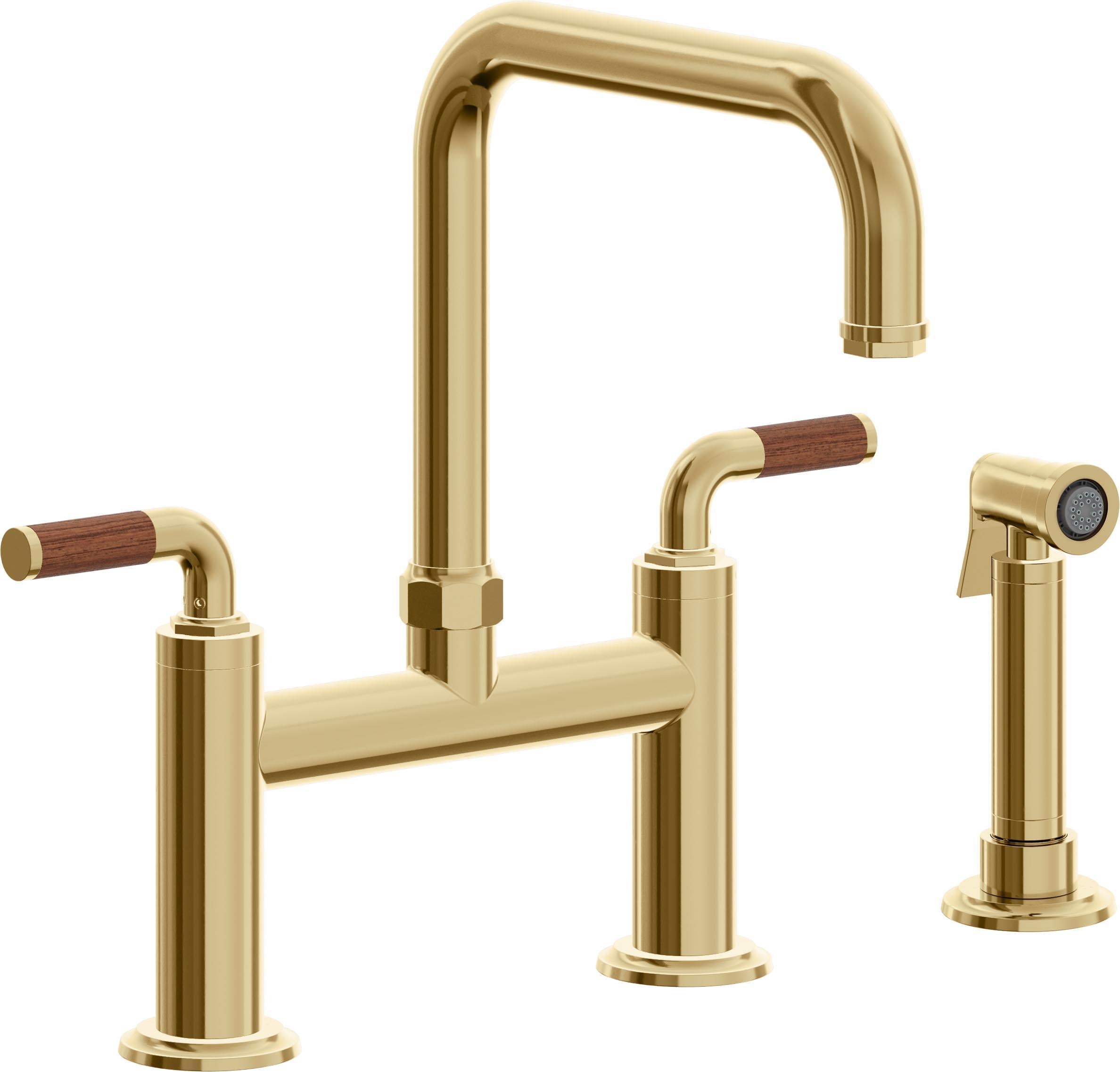 California Faucets Descanso Llave de Cocina Tipo Puente Industrial con Rociador Lateral - Pico Cuadrado - Oro Francés