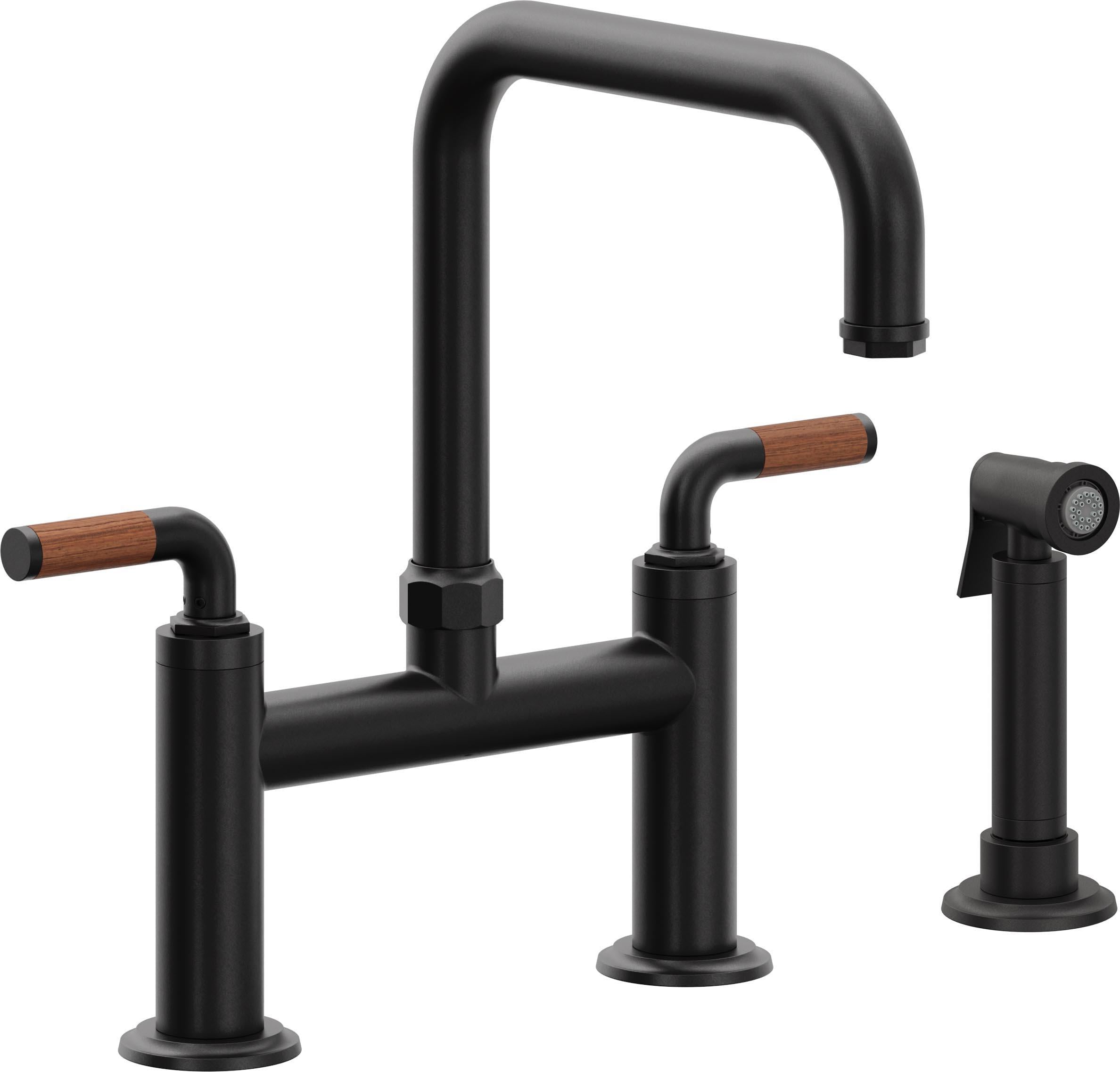 California Faucets Descanso Llave de Cocina Tipo Puente Industrial con Rociador Lateral - Pico Cuadrado - Negro Mate