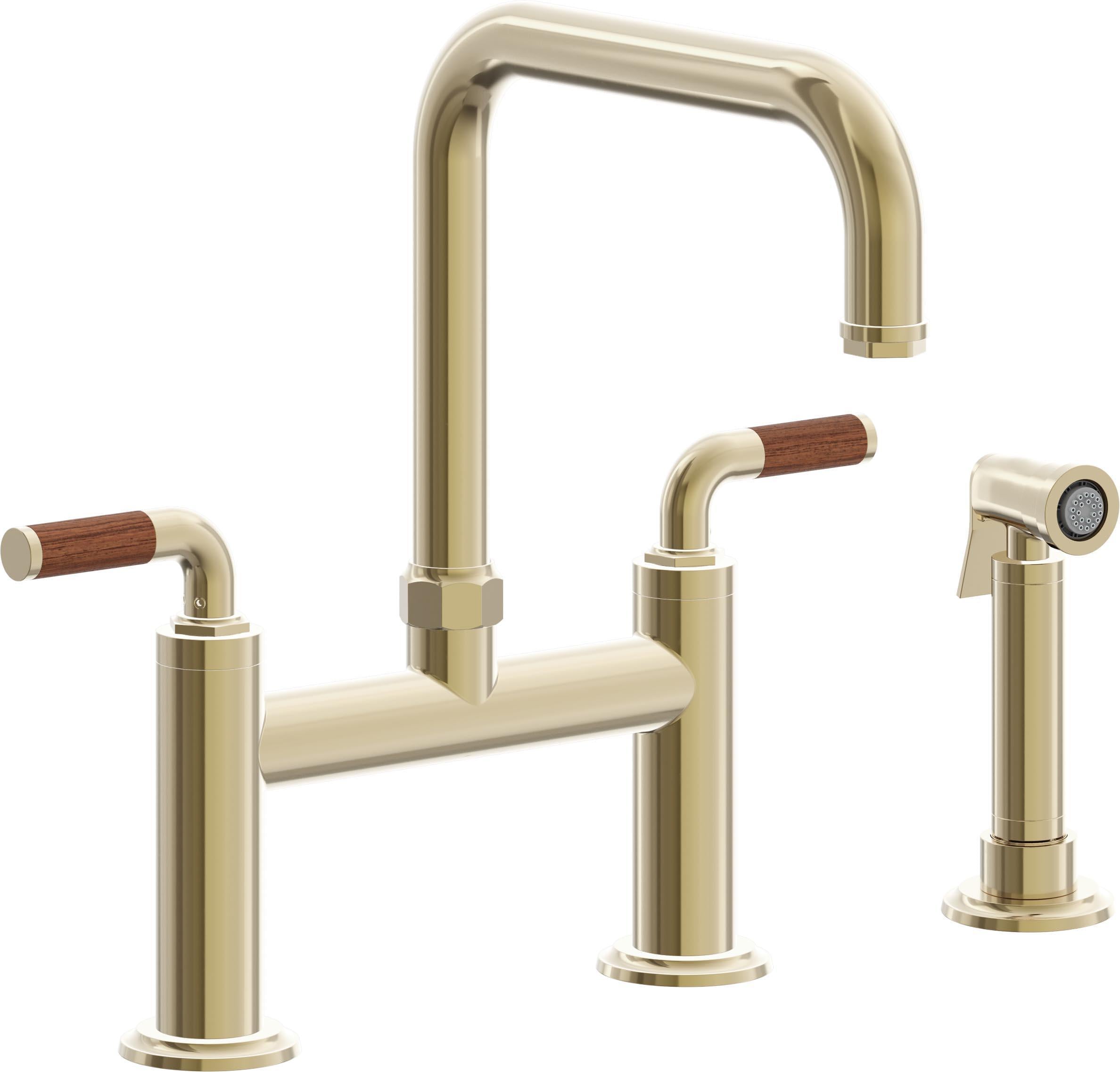 California Faucets Descanso Llave de Cocina Tipo Puente Industrial con Rociador Lateral - Pico Cuadrado - Latón Pulido