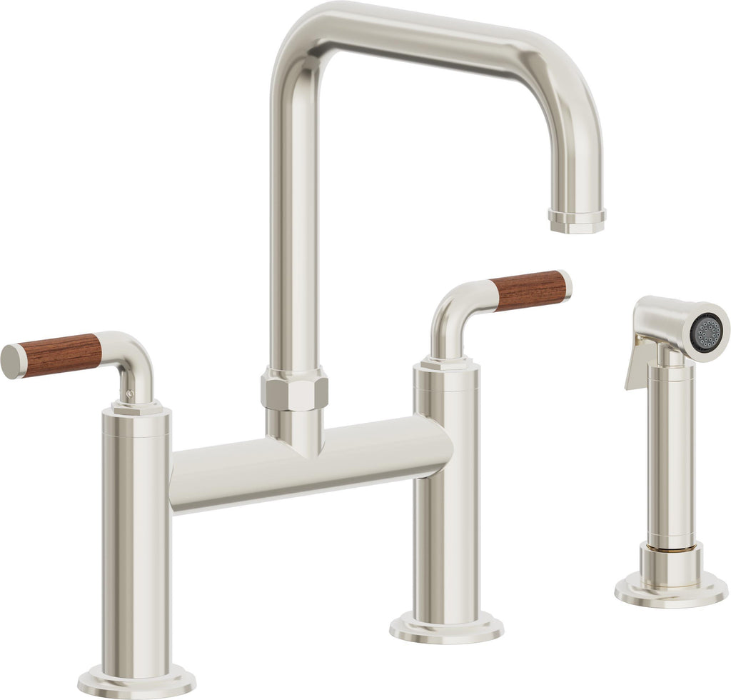 California Faucets Descanso Llave de Cocina Tipo Puente Industrial con Rociador Lateral - Pico Cuadrado - Níquel Pulido