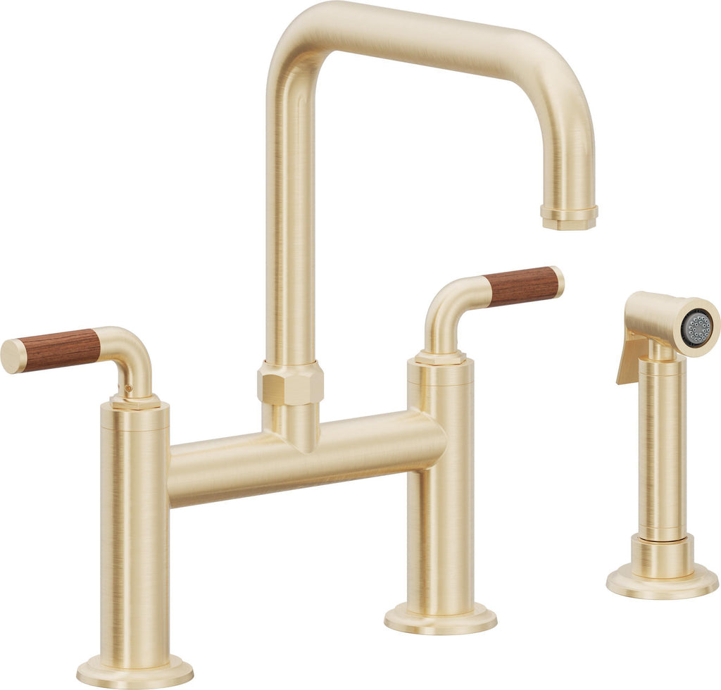 California Faucets Descanso Llave de Cocina Tipo Puente Industrial con Rociador Lateral - Pico Cuadrado - Latón Satinado