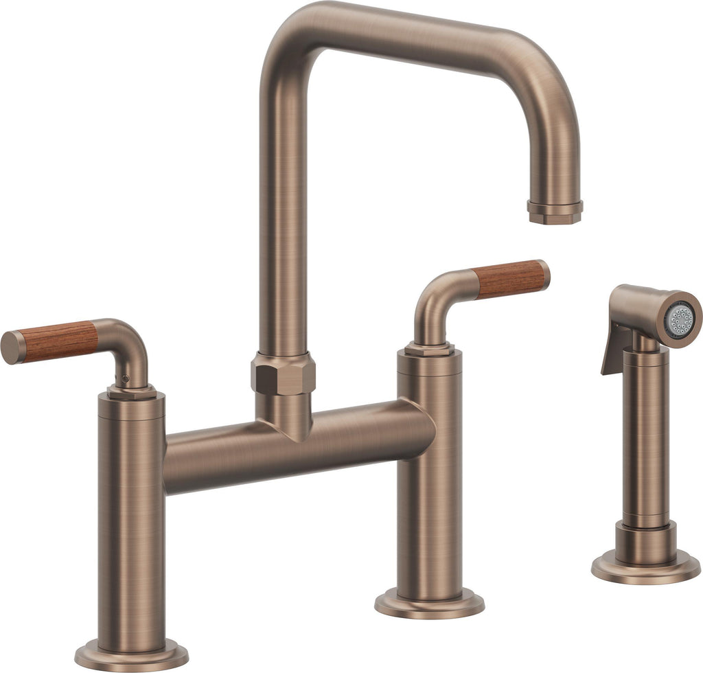 California Faucets Descanso Llave de Cocina Tipo Puente Industrial con Rociador Lateral - Pico Cuadrado - Bronce Satinado