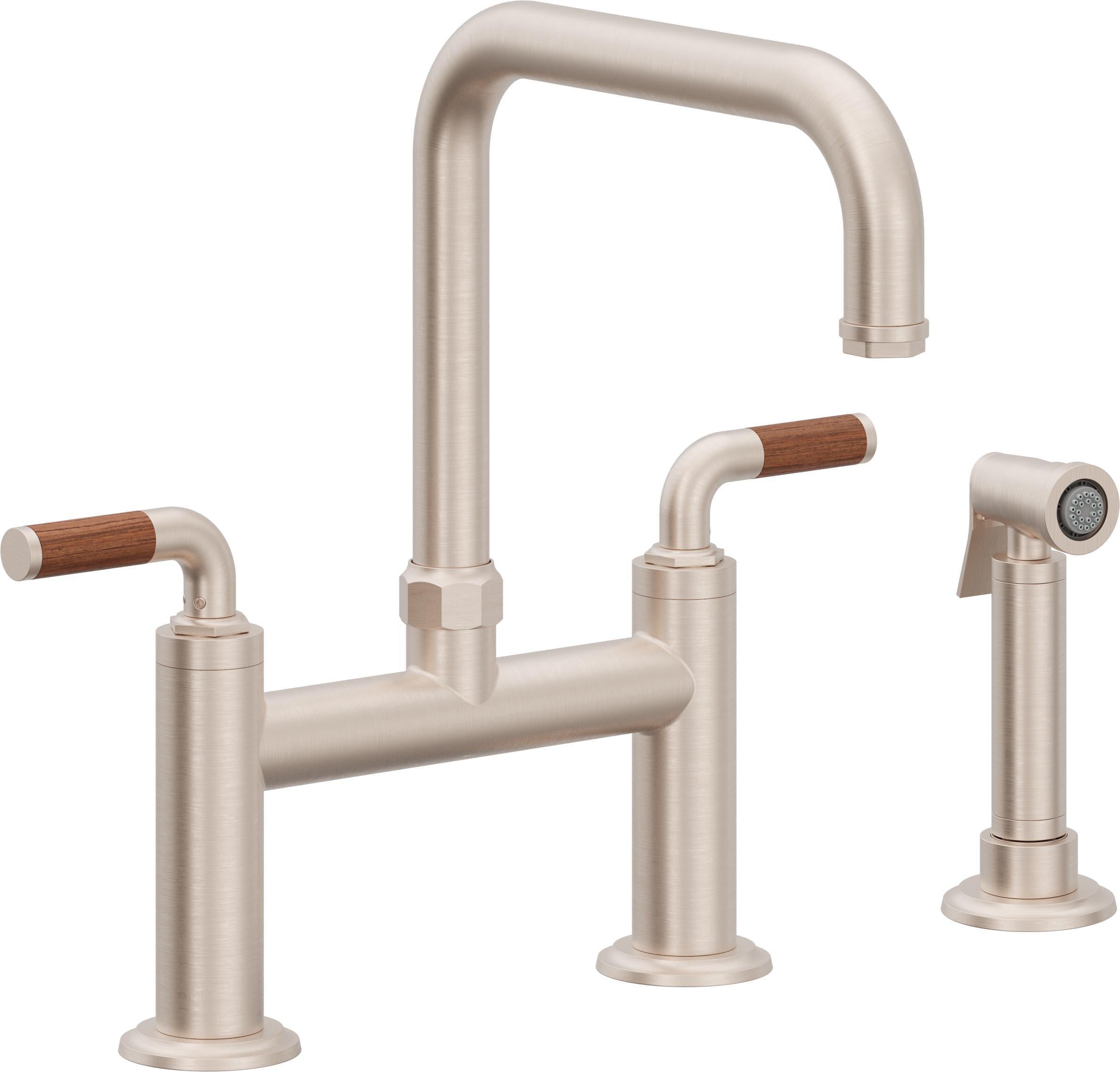 California Faucets Descanso Llave de Cocina Tipo Puente Industrial con Rociador Lateral - Pico Cuadrado - Níquel Satinado