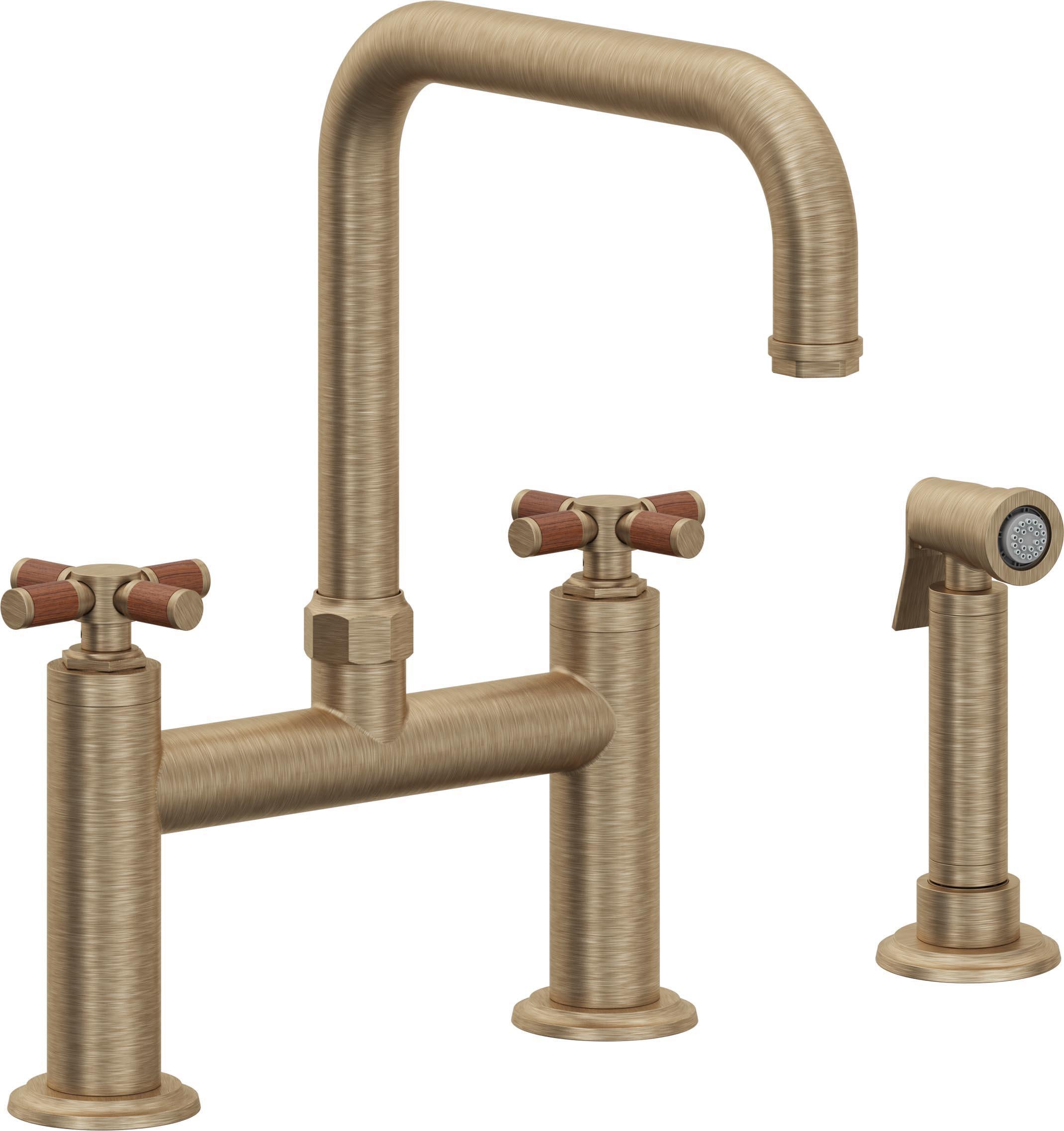 California Faucets Descanso Llave de Cocina Tipo Puente Industrial con Rociador Lateral - Pico Cuadrado - Latón Antiguo Mate