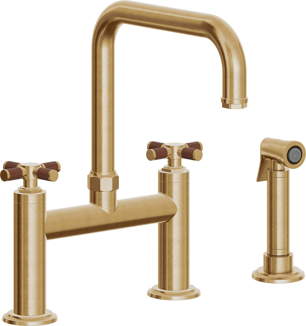 California Faucets Descanso Llave de Cocina Tipo Puente Industrial con Rociador Lateral - Pico Cuadrado - Latón Bruñido
