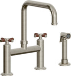California Faucets Descanso Llave de Cocina Tipo Puente Industrial con Rociador Lateral - Pico Cuadrado - Níquel Bruñido
