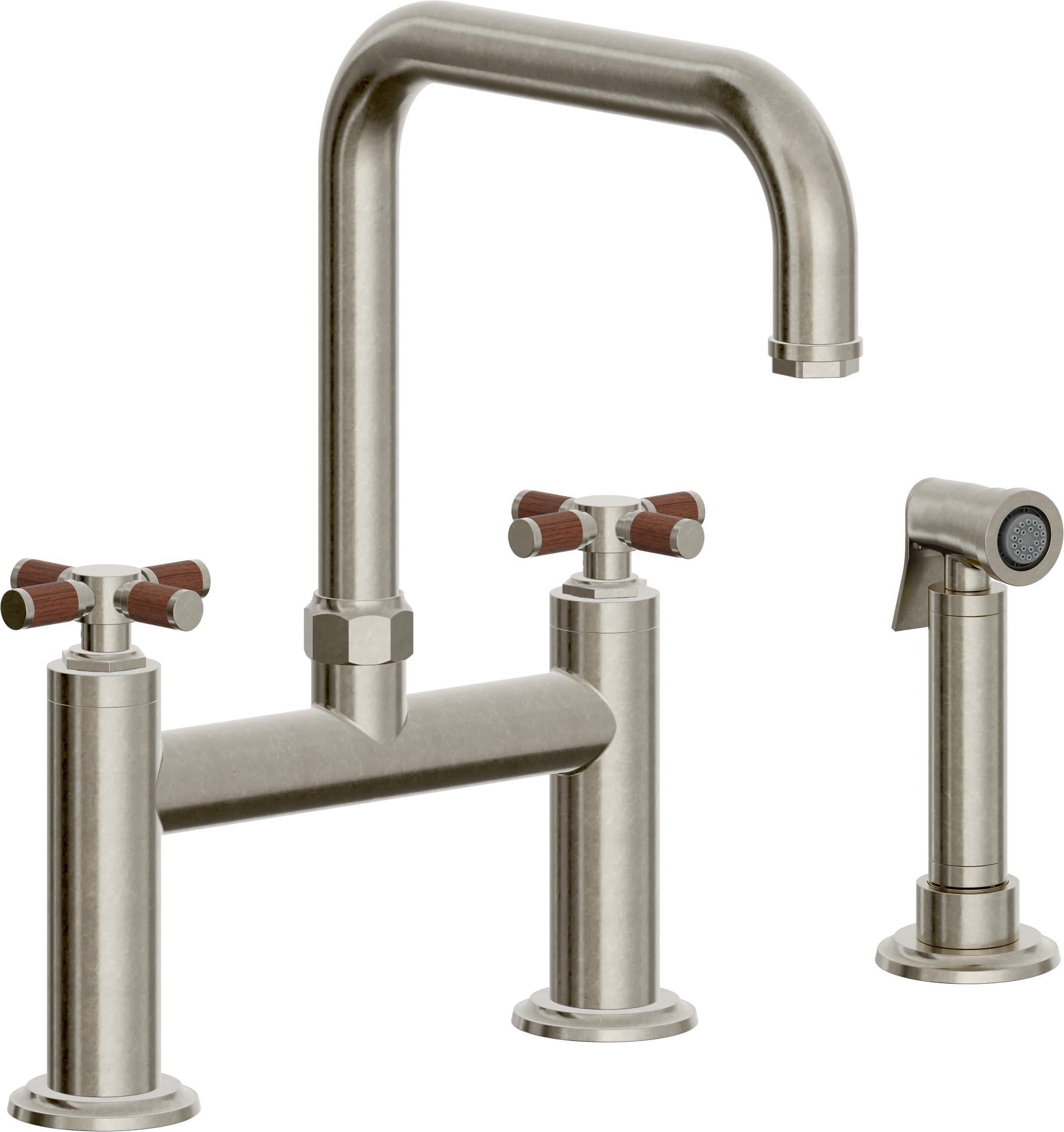 California Faucets Descanso Llave de Cocina Tipo Puente Industrial con Rociador Lateral - Pico Cuadrado - Níquel Bruñido