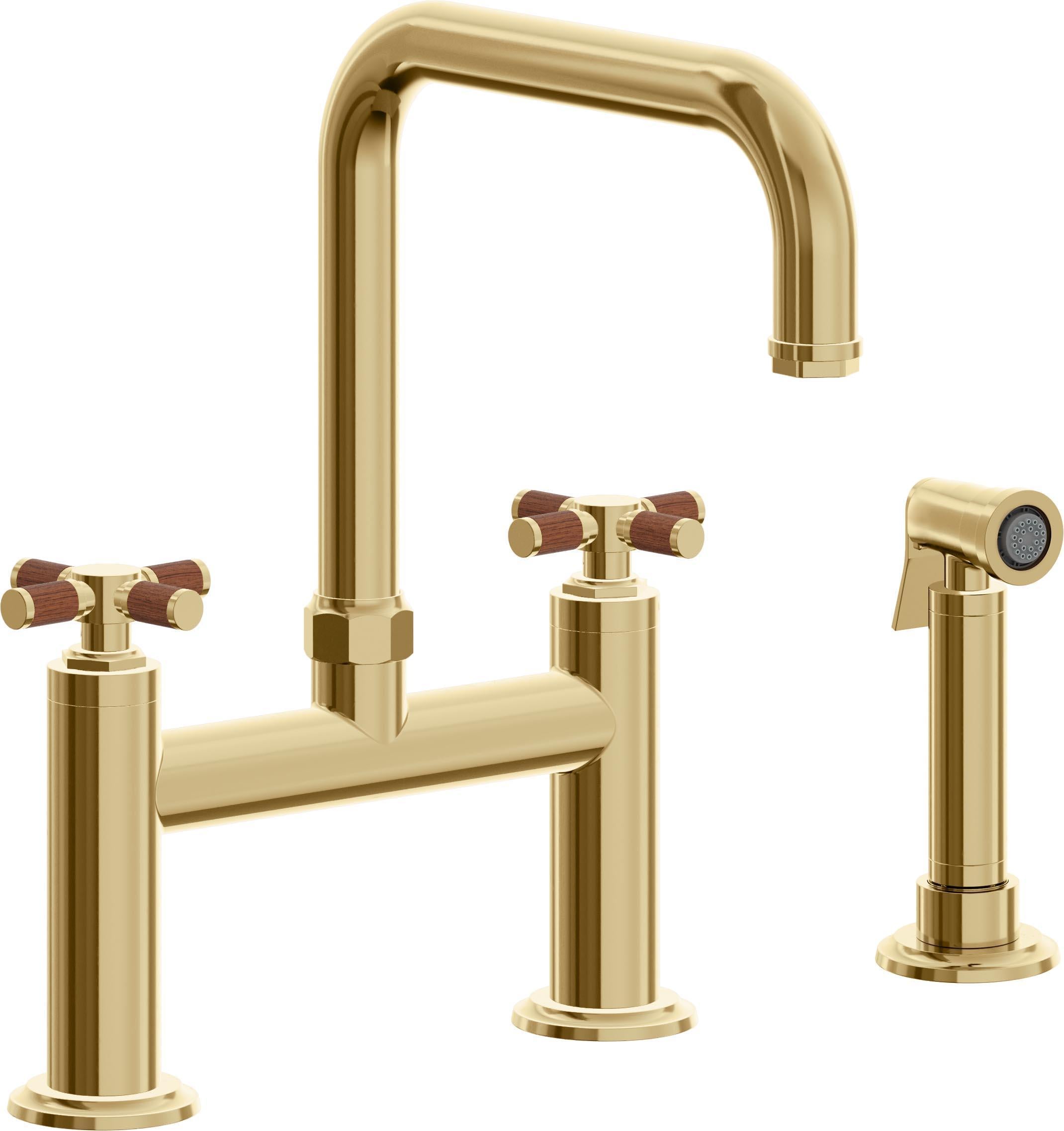California Faucets Descanso Llave de Cocina Tipo Puente Industrial con Rociador Lateral - Pico Cuadrado - Oro Francés