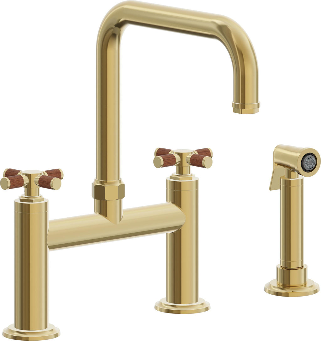 California Faucets Descanso Llave de Cocina Tipo Puente Industrial con Rociador Lateral - Pico Cuadrado - Oro Pulido de por Vida