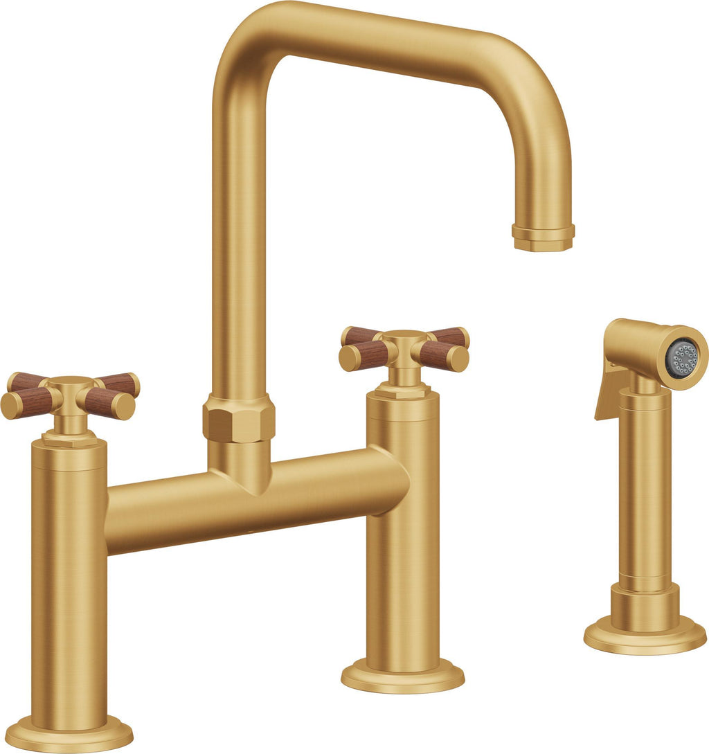 California Faucets Descanso Llave de Cocina Tipo Puente Industrial con Rociador Lateral - Pico Cuadrado - Oro Satinado de por Vida
