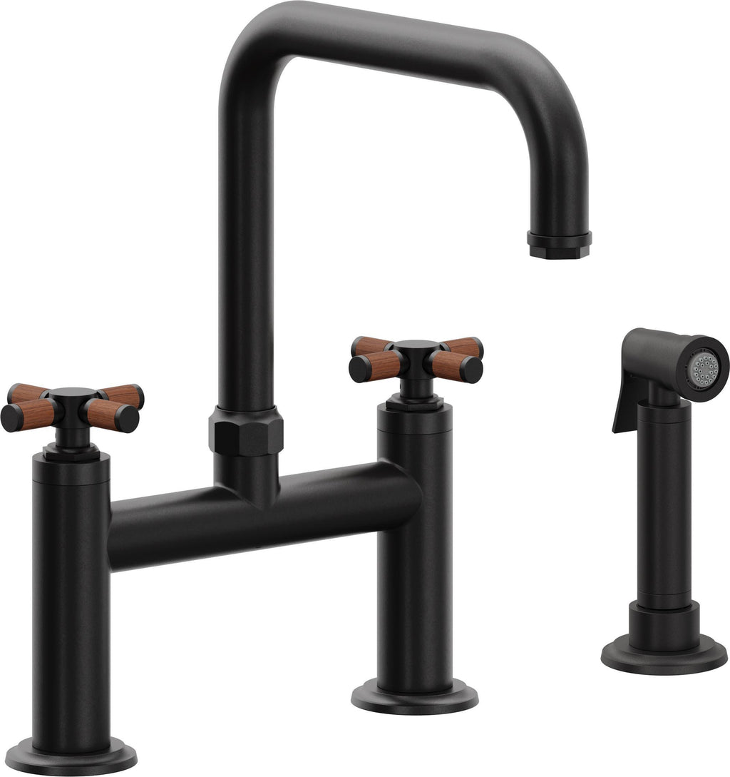 California Faucets Descanso Llave de Cocina Tipo Puente Industrial con Rociador Lateral - Pico Cuadrado - Negro Mate