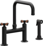 California Faucets Descanso Llave de Cocina Tipo Puente Industrial con Rociador Lateral - Pico Cuadrado - Negro Mate