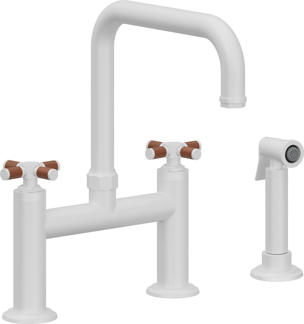 California Faucets Descanso Llave de Cocina Tipo Puente Industrial con Rociador Lateral - Pico Cuadrado - Blanco Mate