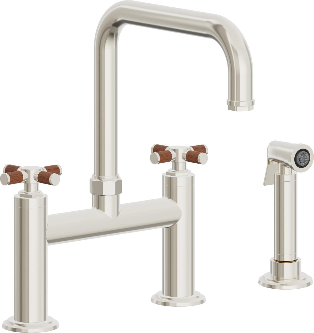 California Faucets Descanso Llave de Cocina Tipo Puente Industrial con Rociador Lateral - Pico Cuadrado - Níquel Pulido