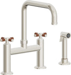 California Faucets Descanso Llave de Cocina Tipo Puente Industrial con Rociador Lateral - Pico Cuadrado - Níquel Pulido