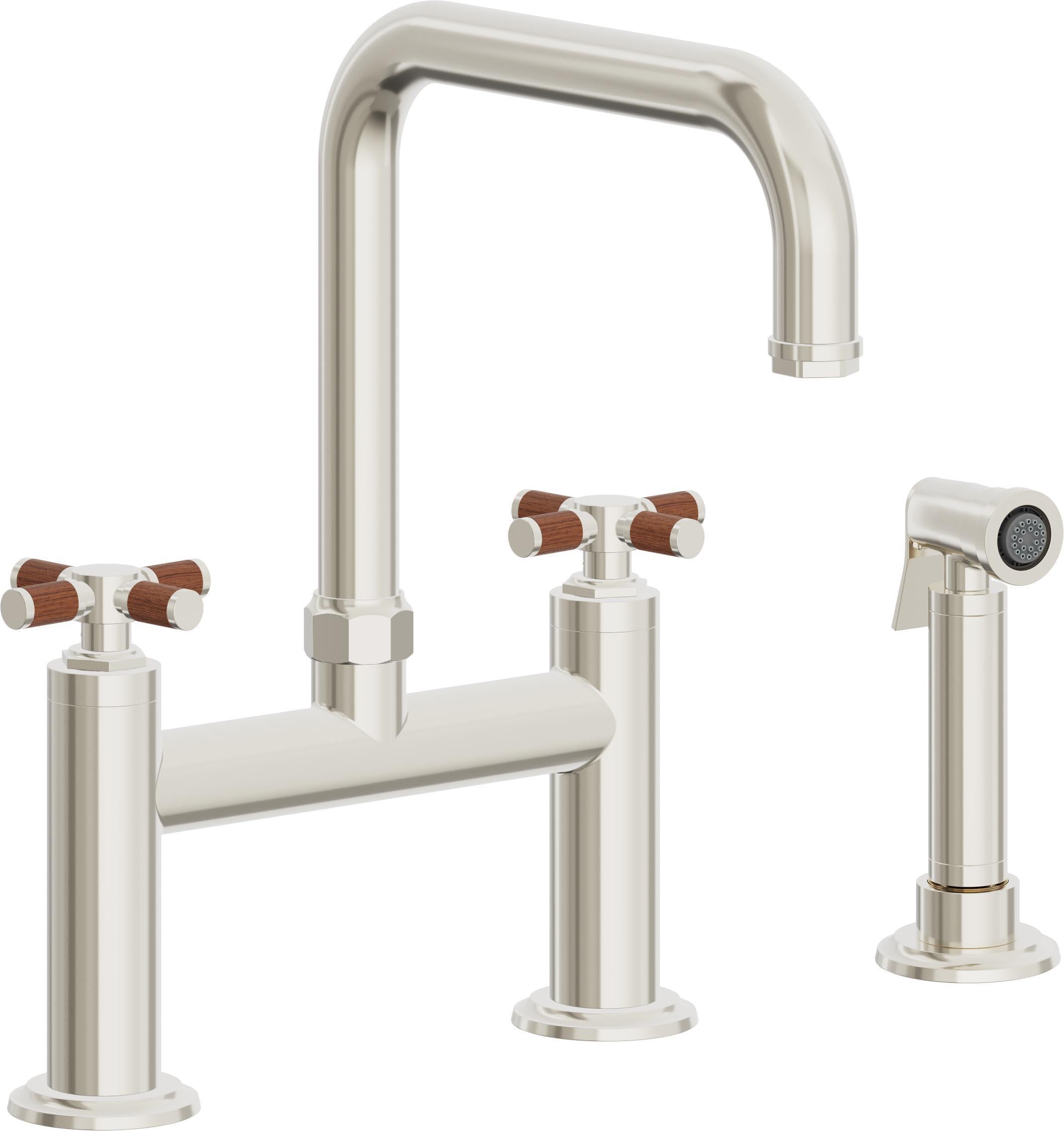 California Faucets Descanso Llave de Cocina Tipo Puente Industrial con Rociador Lateral - Pico Cuadrado - Níquel Pulido